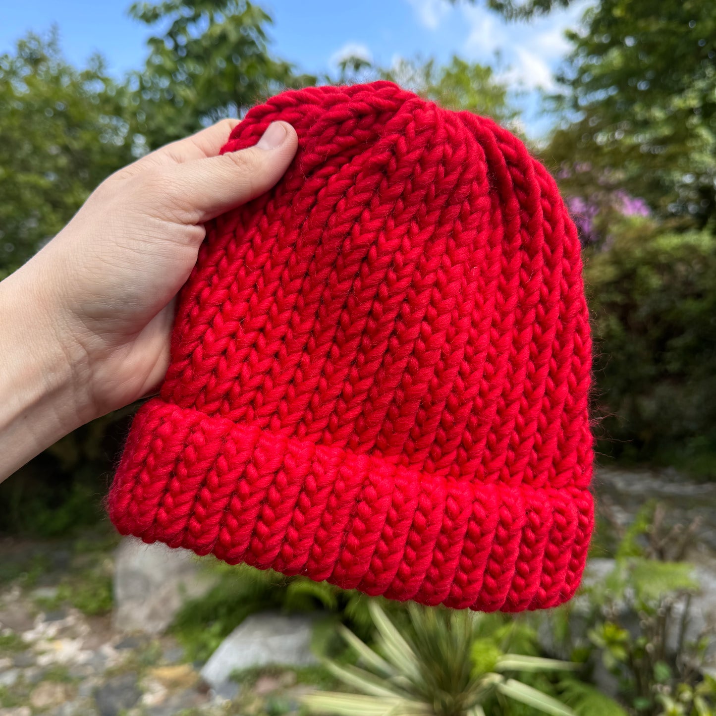 Bold red knitted hat - modern knitwear UK