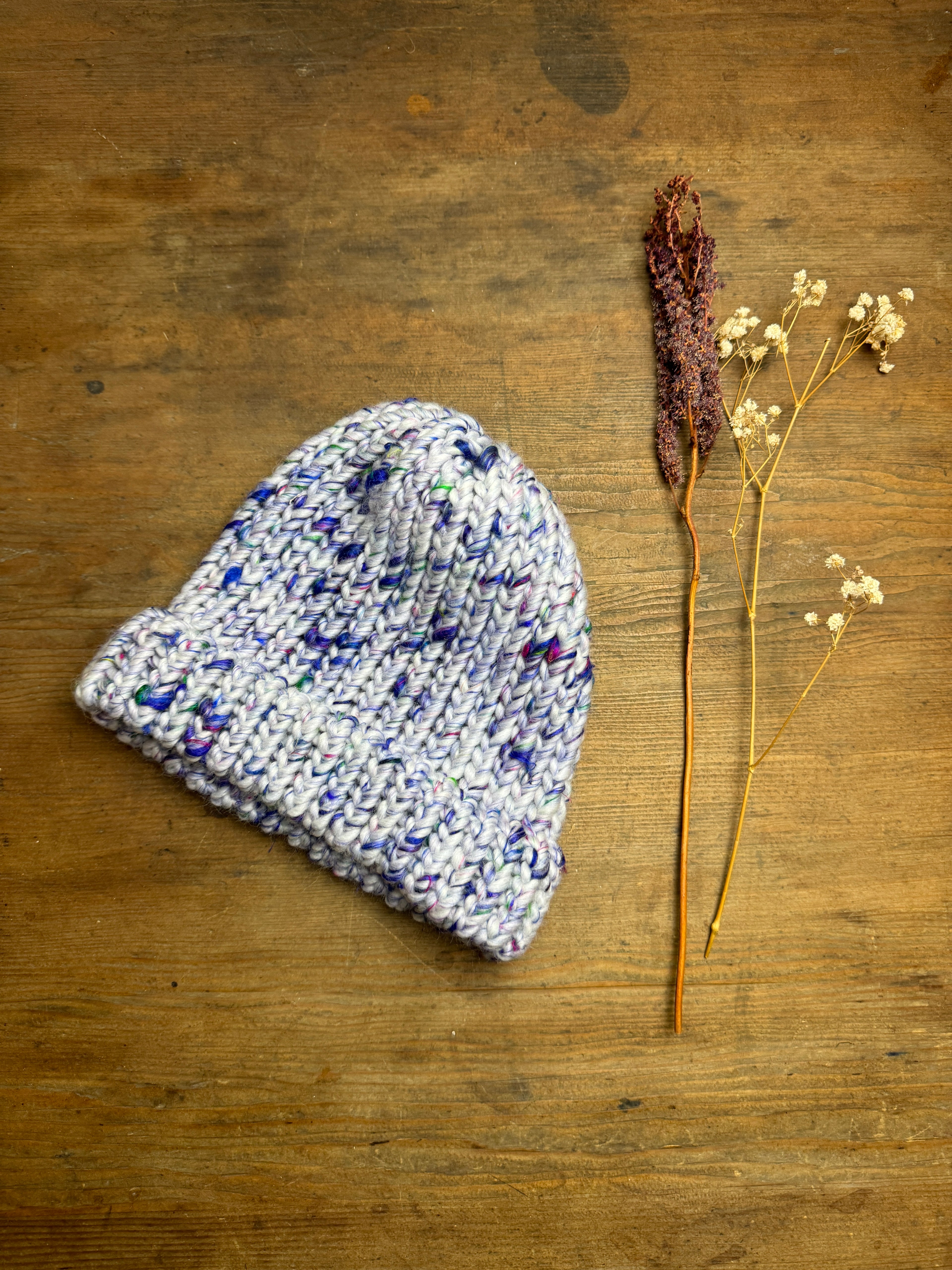 Adult - Hand knitted beanie hat with silk threads