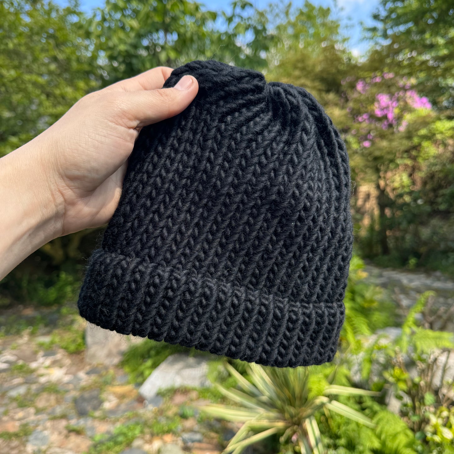 Black hand knitted beanie hat from 100% merino wool - Adult