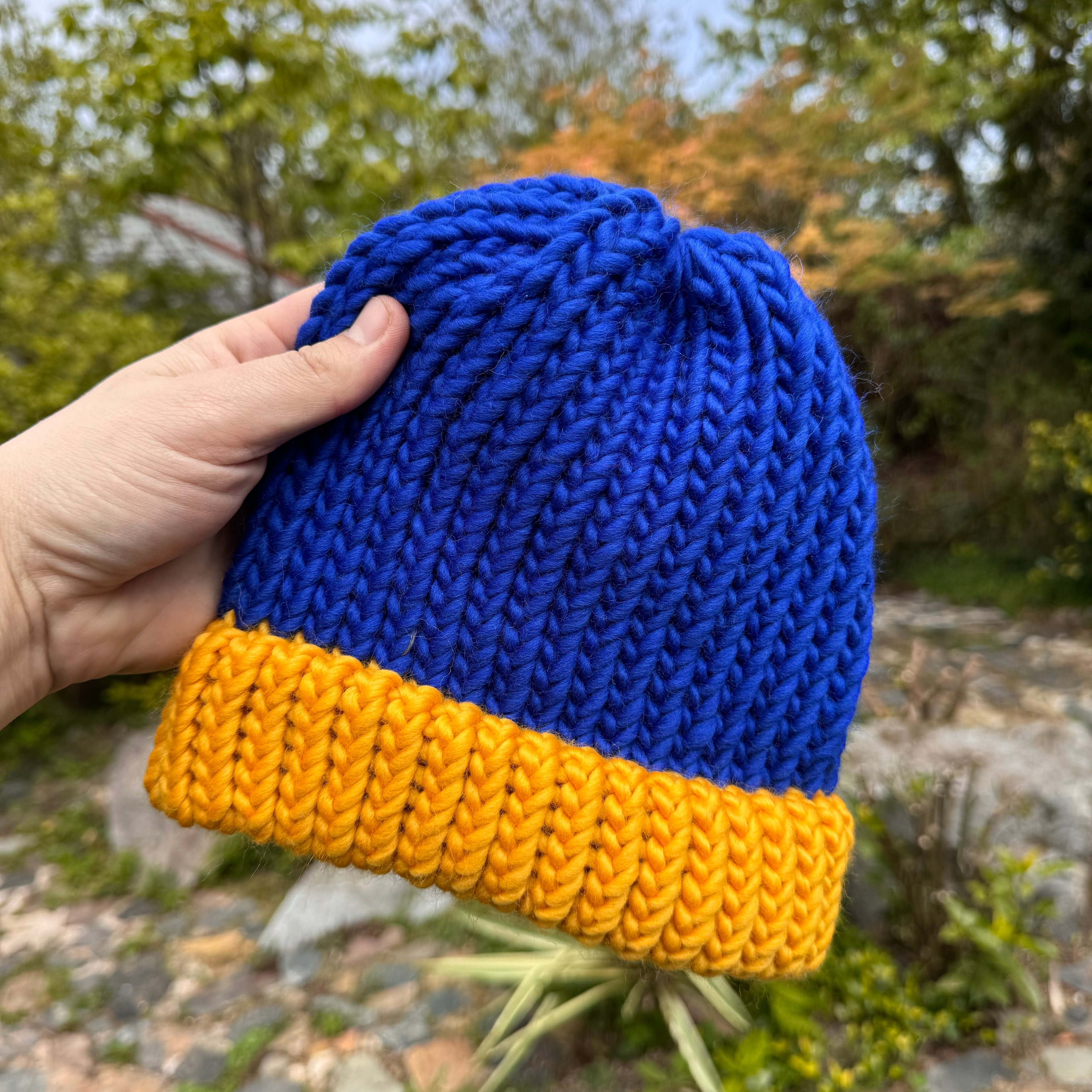 Adult Knitted Beanie Hat - Colourplay Collection - Yellow and Blue