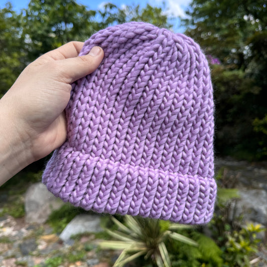 Hand knitted adult hat in lavender purple knitted with super chunky merino wool