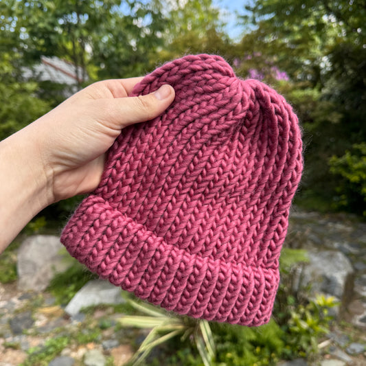 Hand knitted adult hat in the colours of the mulberry tree fruits - made from 100% merino wool