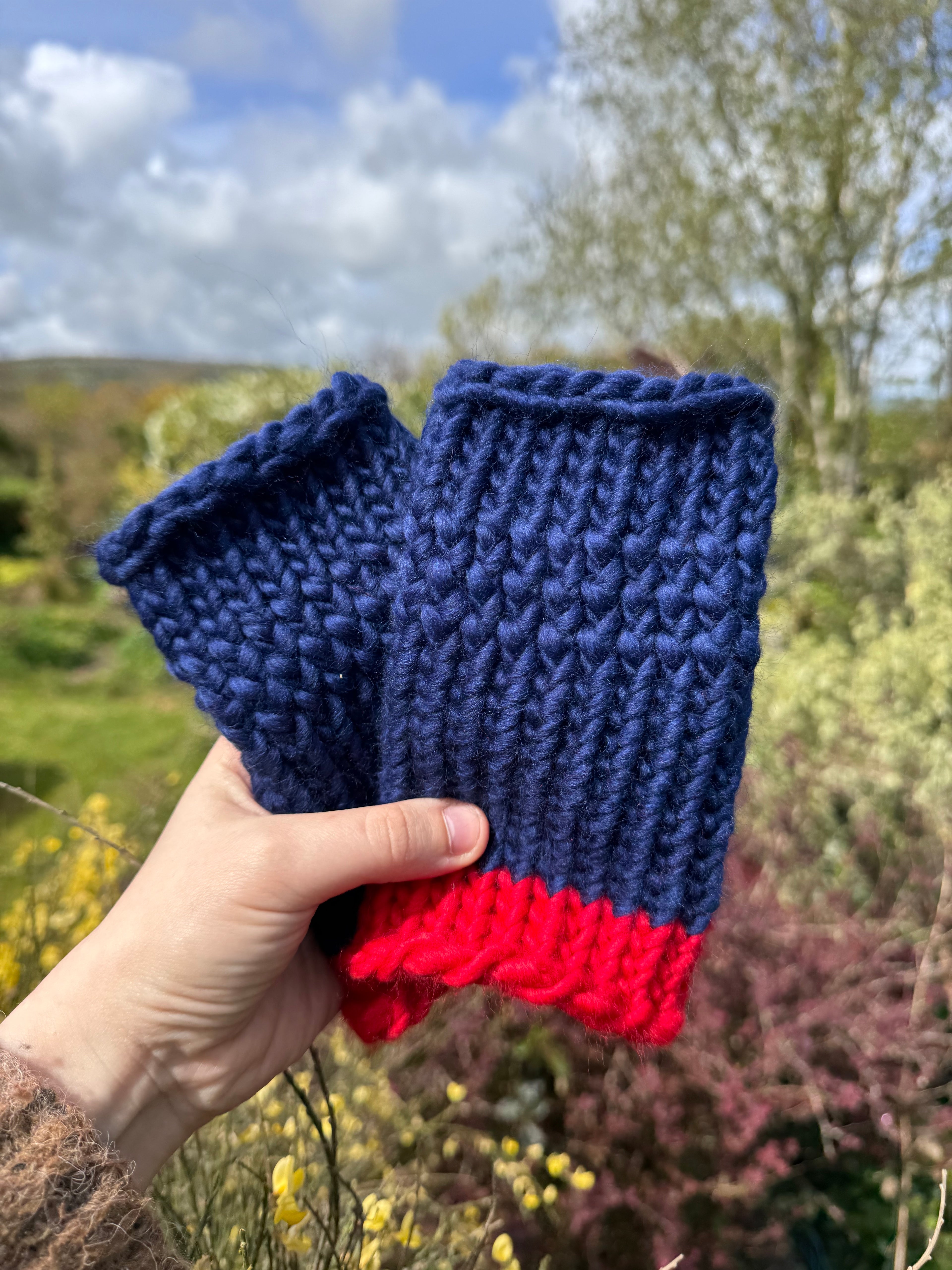 Adult - Knitted Fingerless Gloves in Navy and Red