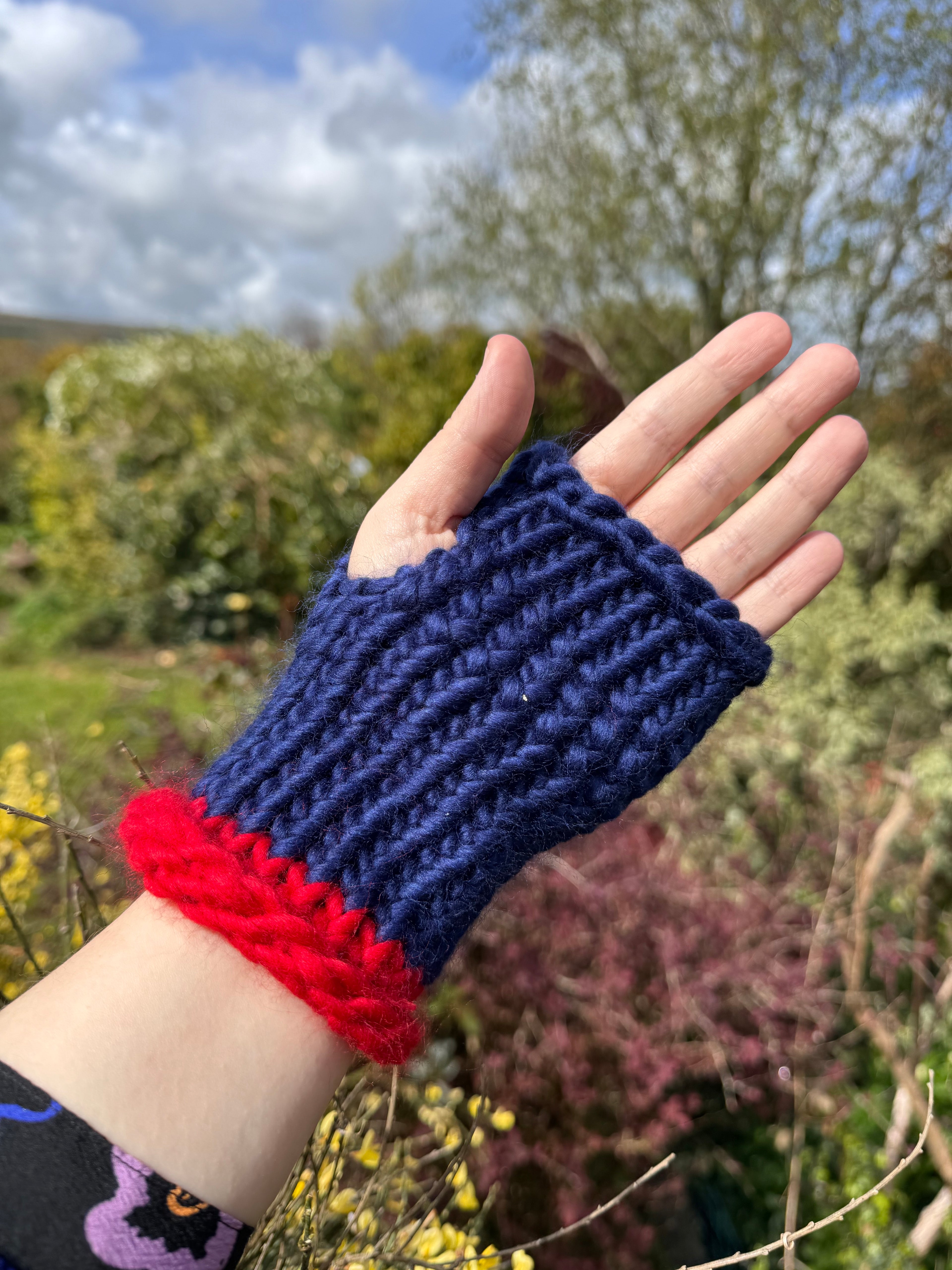 Adult - Knitted Fingerless Gloves in Navy and Red