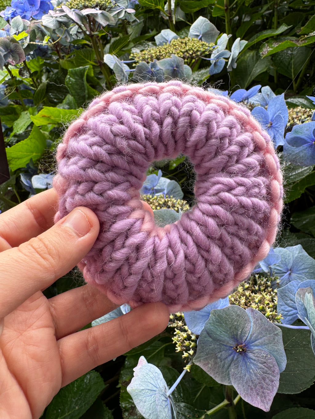 Pastel pink and Lavender knitted scrunchie