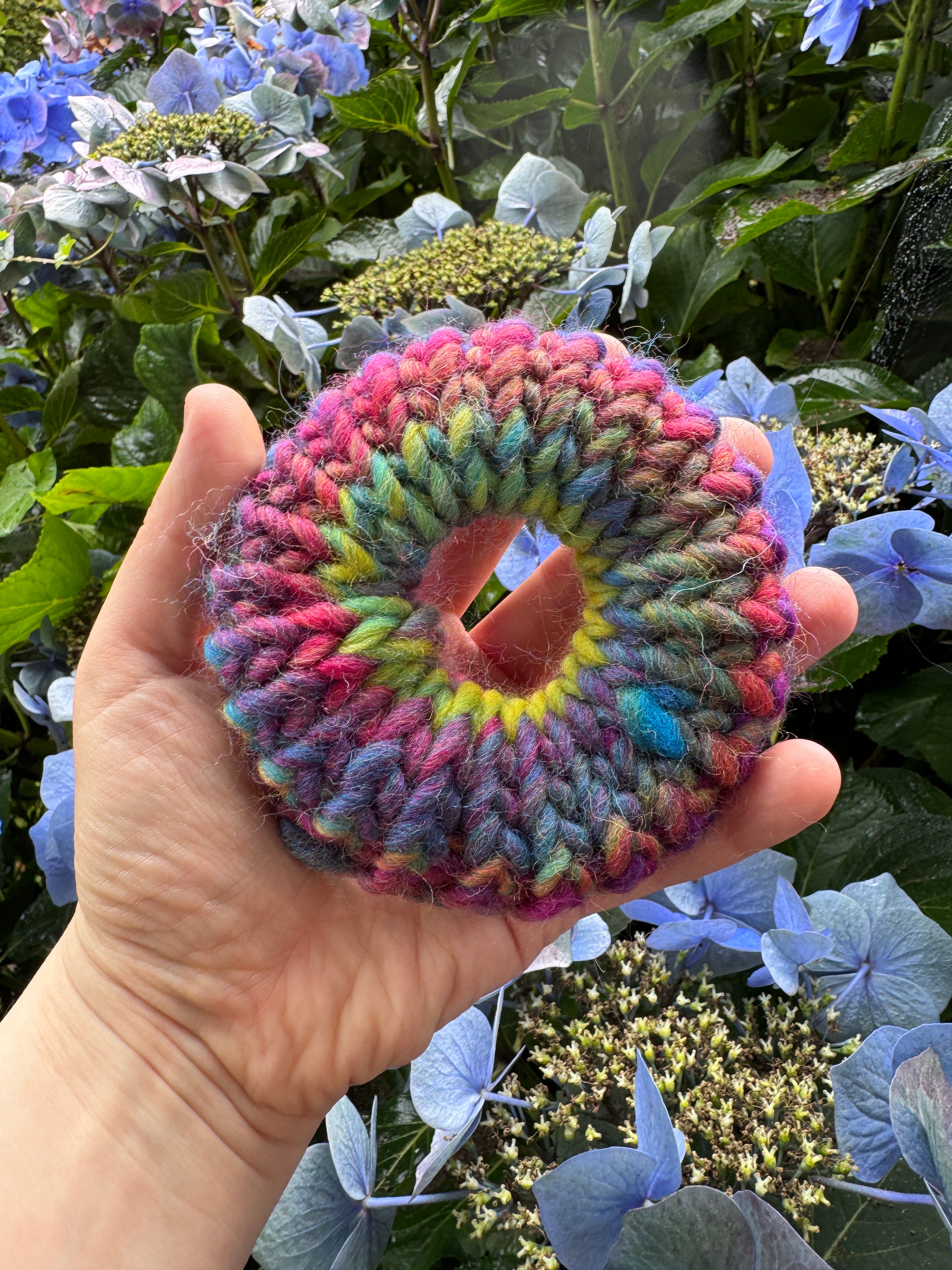 Rainbow knitted scrunchie