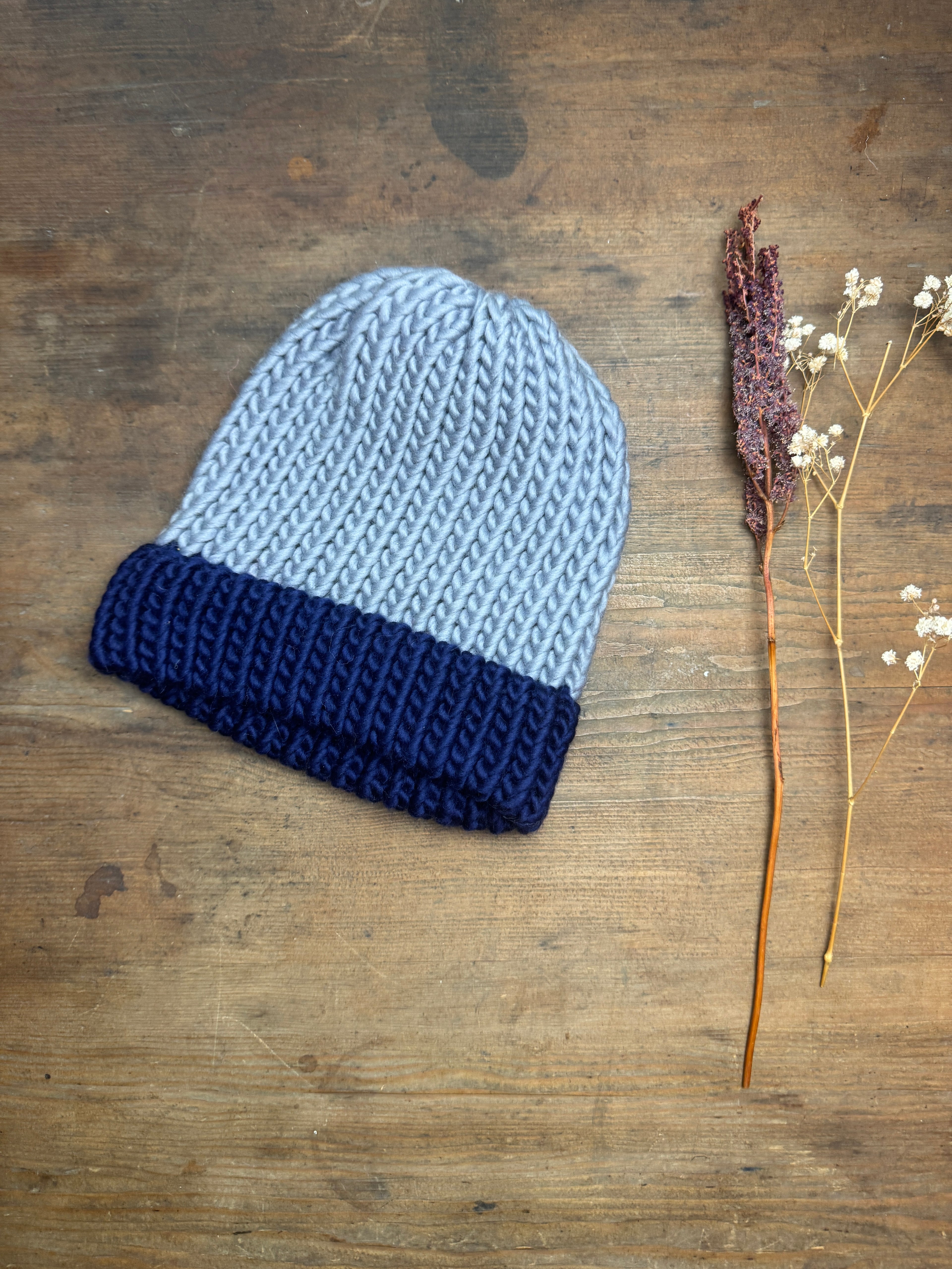 Adult Knitted Beanie Hat - Colourplay Collection - Blue and Grey