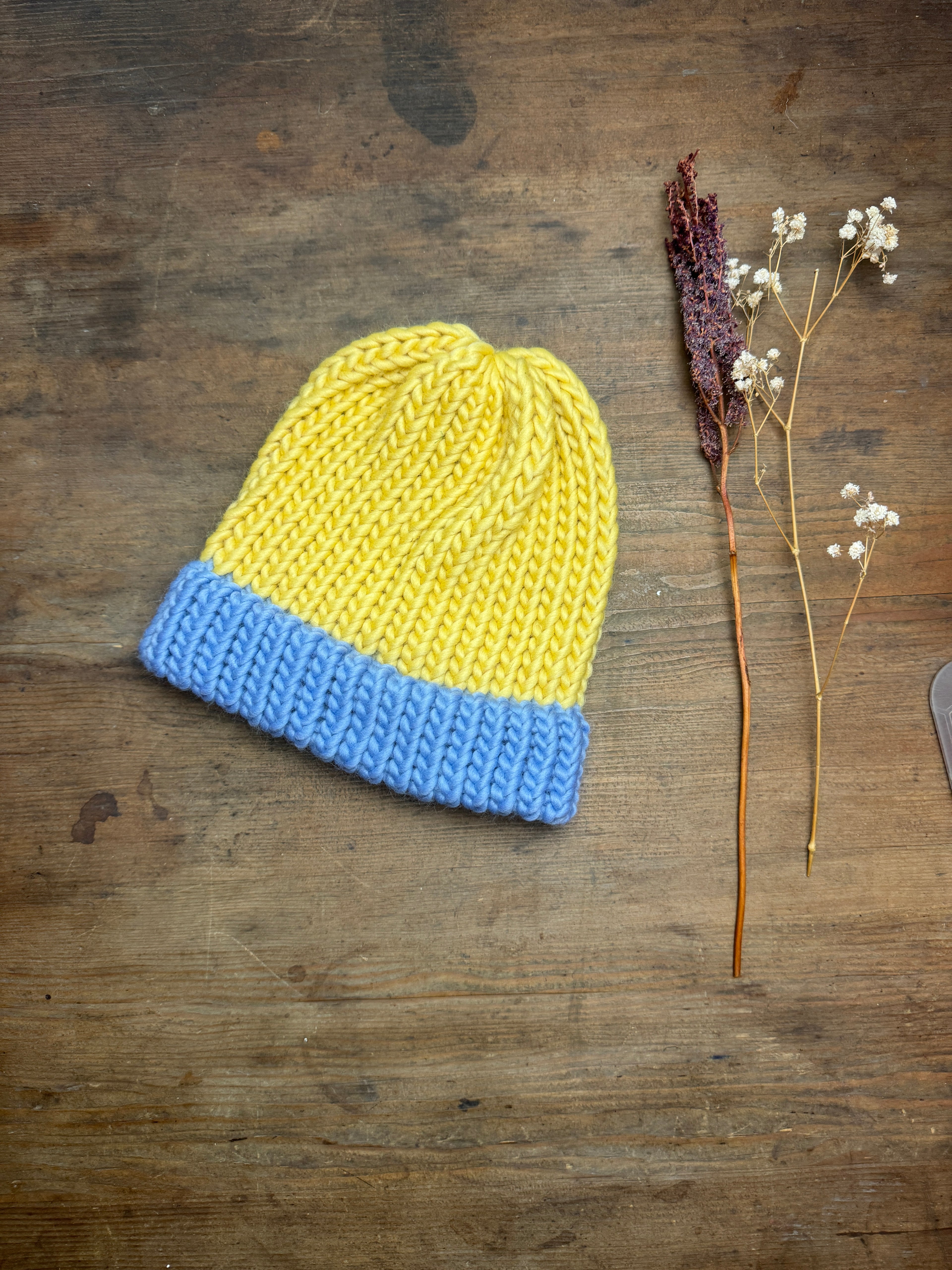 Adult Knitted Beanie Hat - Colourplay Collection - Yellow and Blue