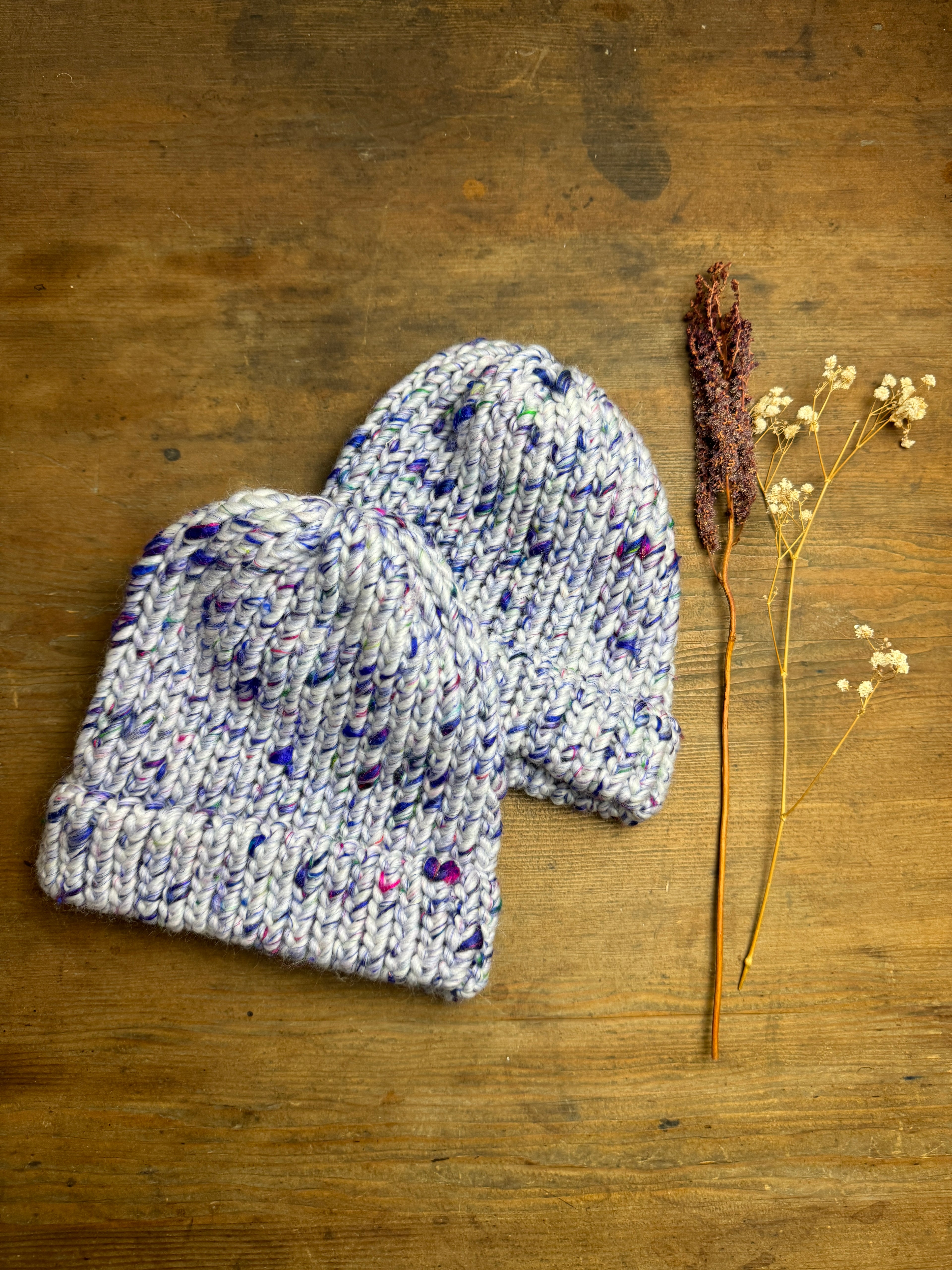 Adult - Hand knitted beanie hat with silk threads