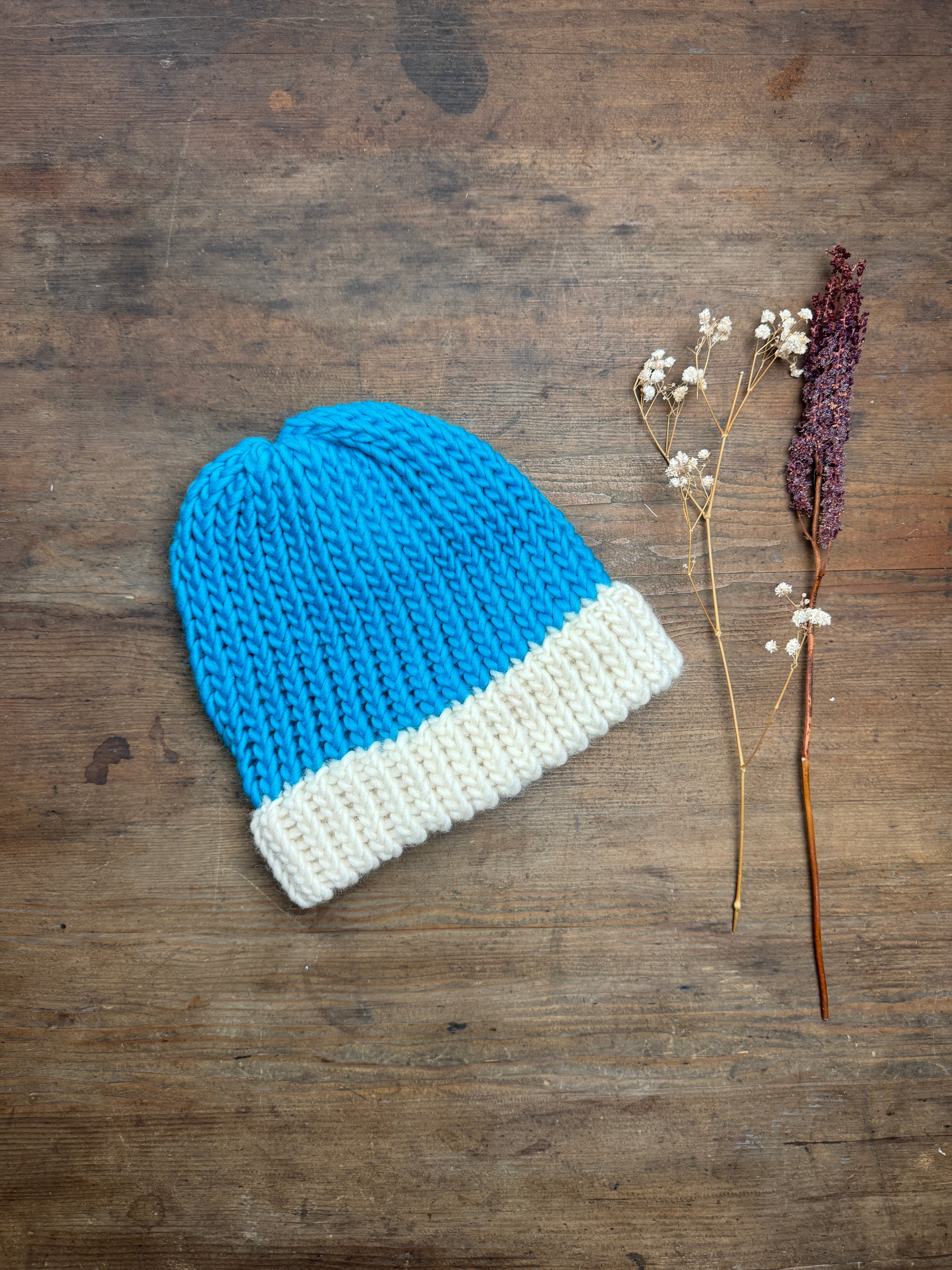 Adult Knitted Hat - Turquoise and Cream