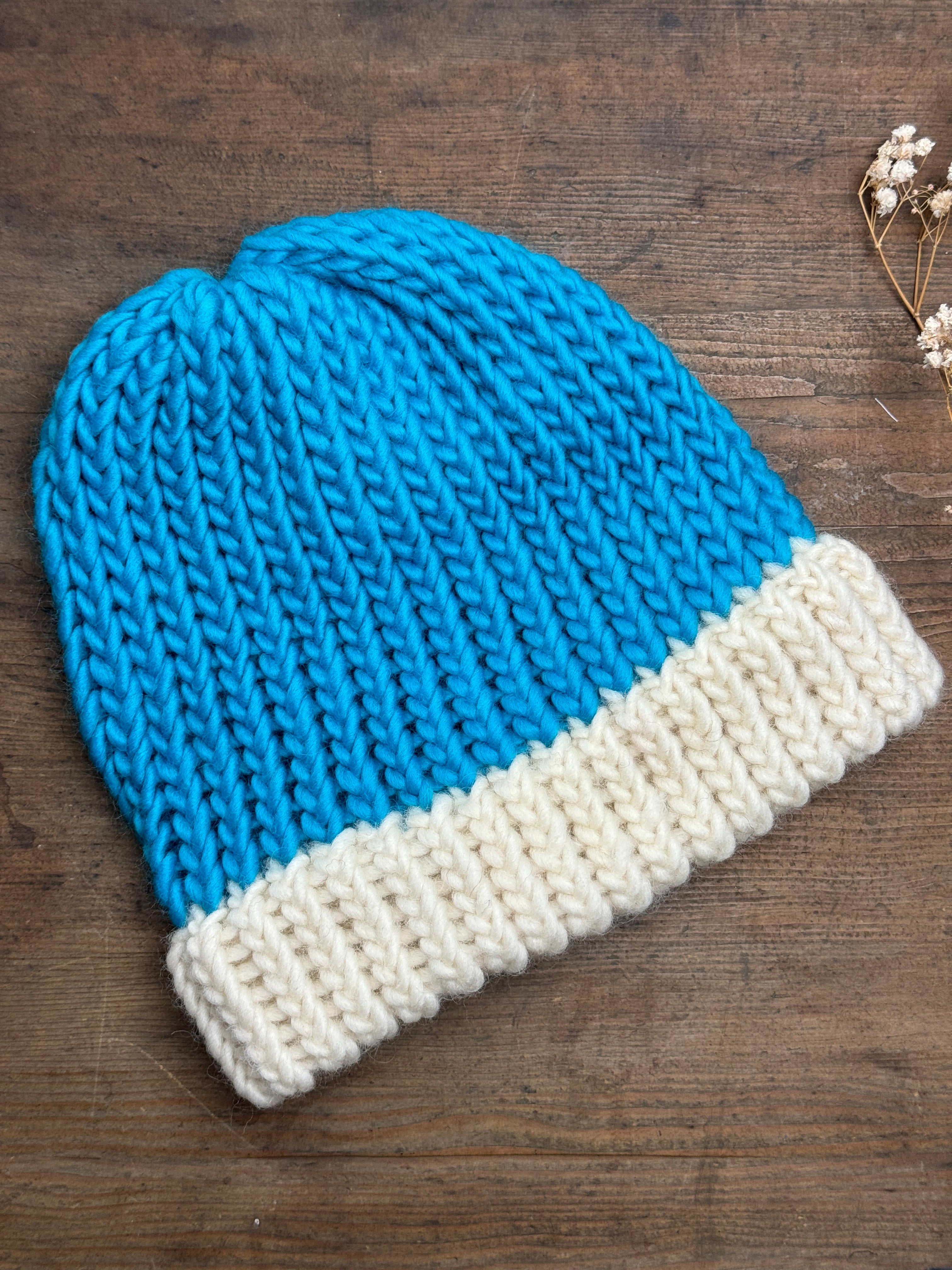 Adult Knitted Hat - Turquoise and Cream
