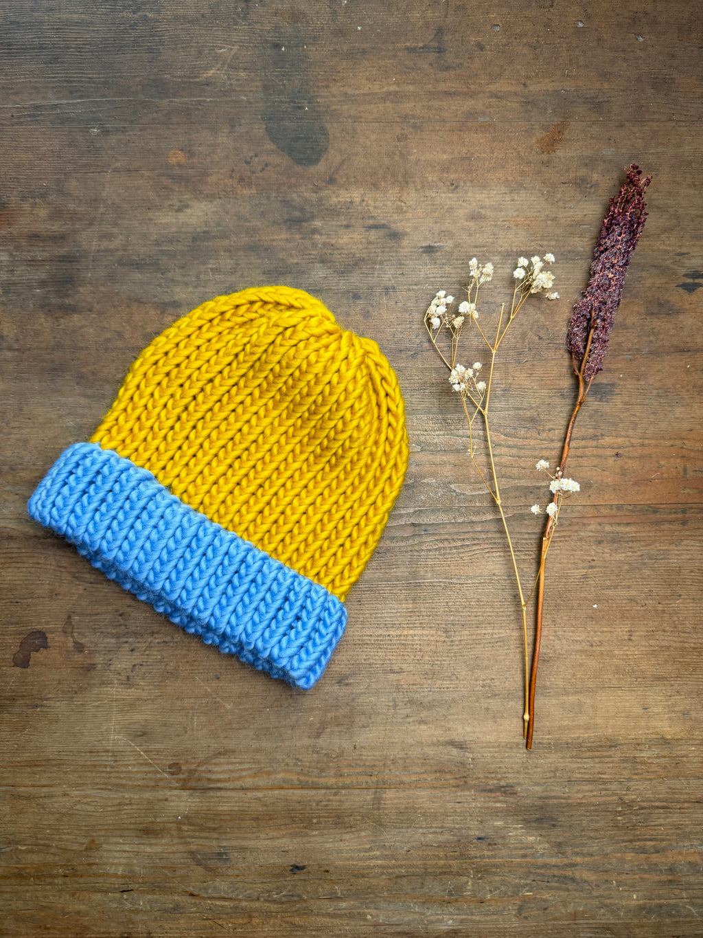 Adult Knitted Beanie Hat - Colourplay Collection - Blue and Yellow