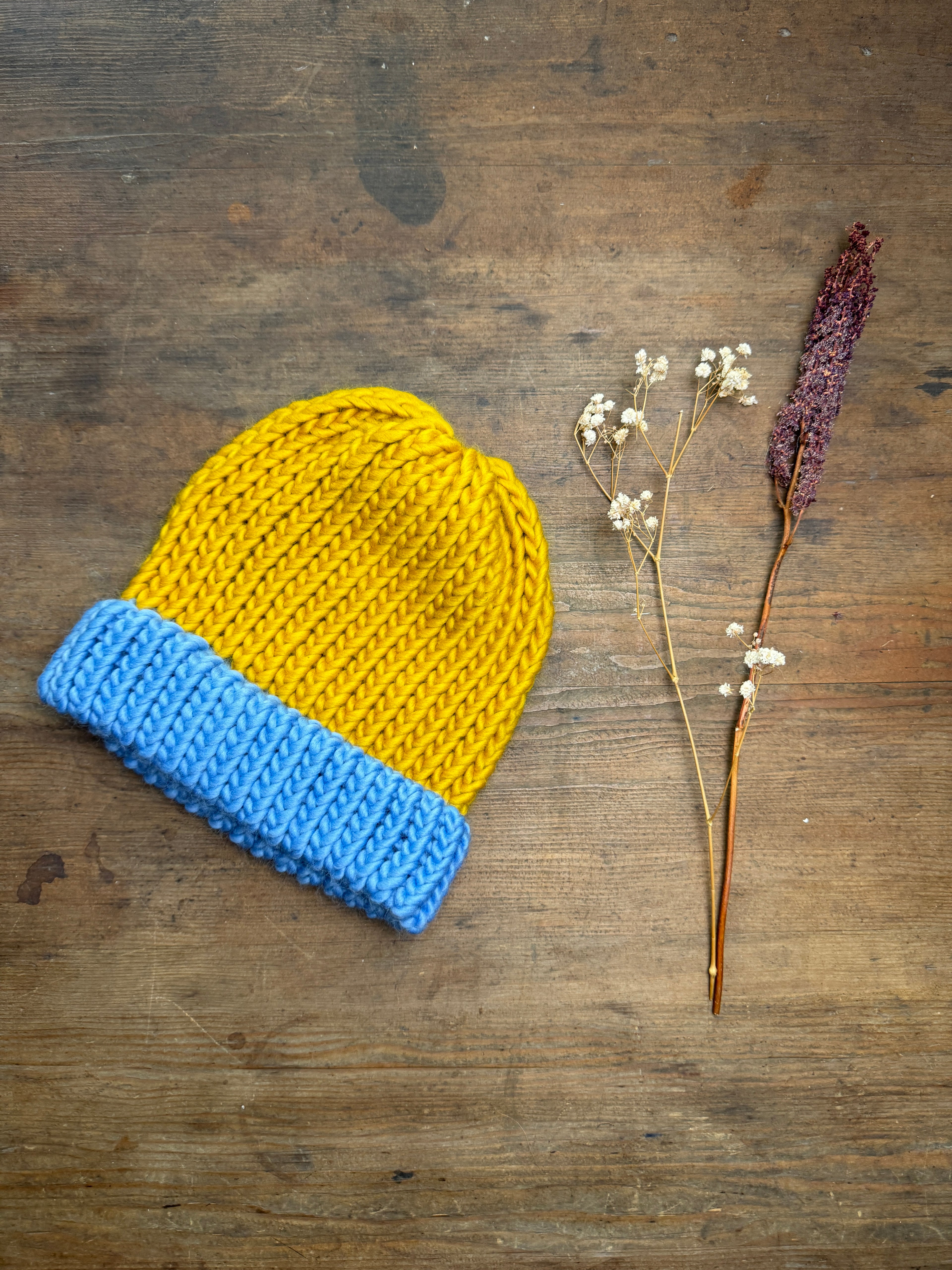 Adult Knitted Beanie Hat - Colourplay Collection - Blue and Yellow