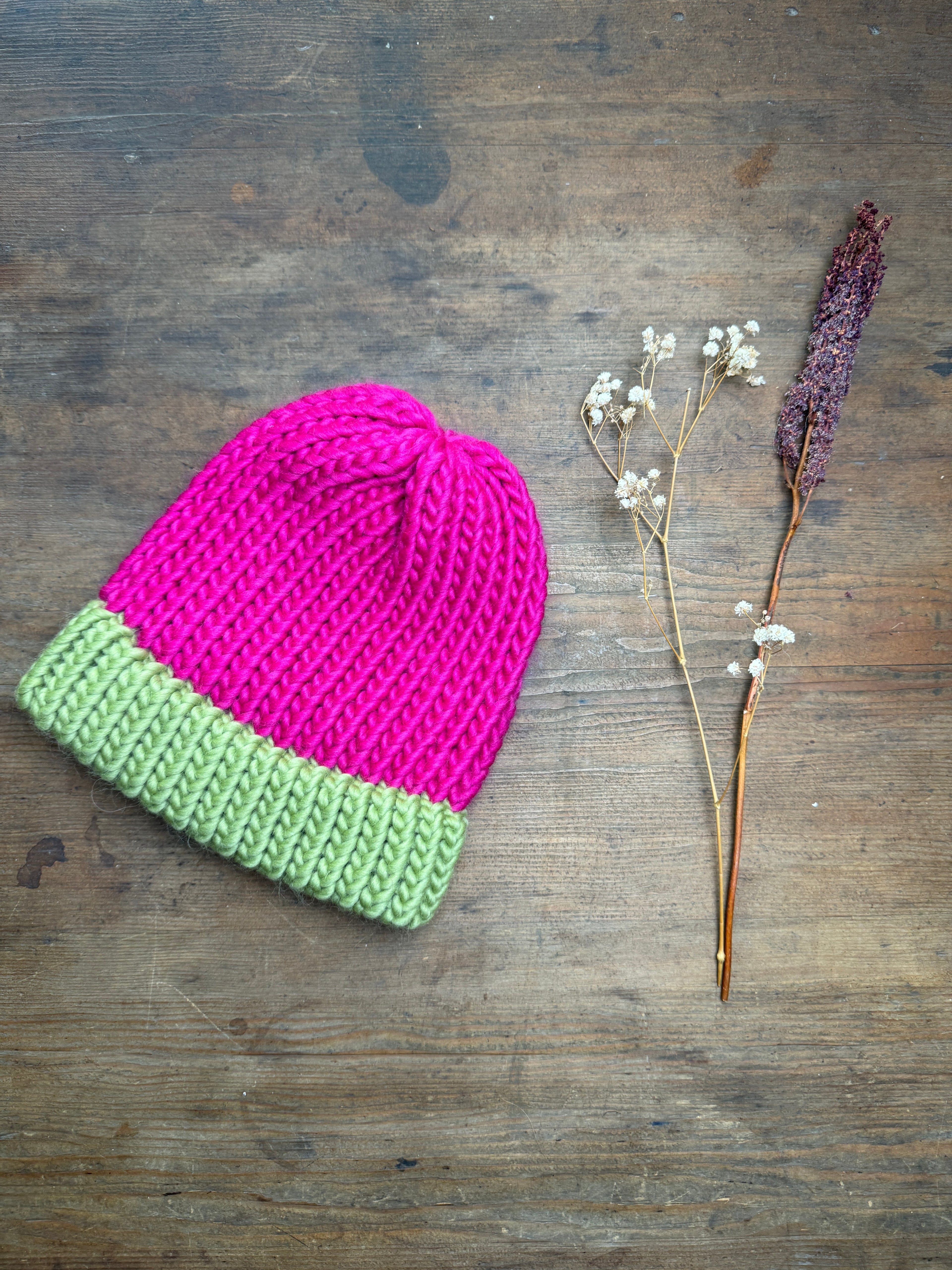 Adult Knitted Beanie Hat - Colourplay Collection - Sage and Raspberry
