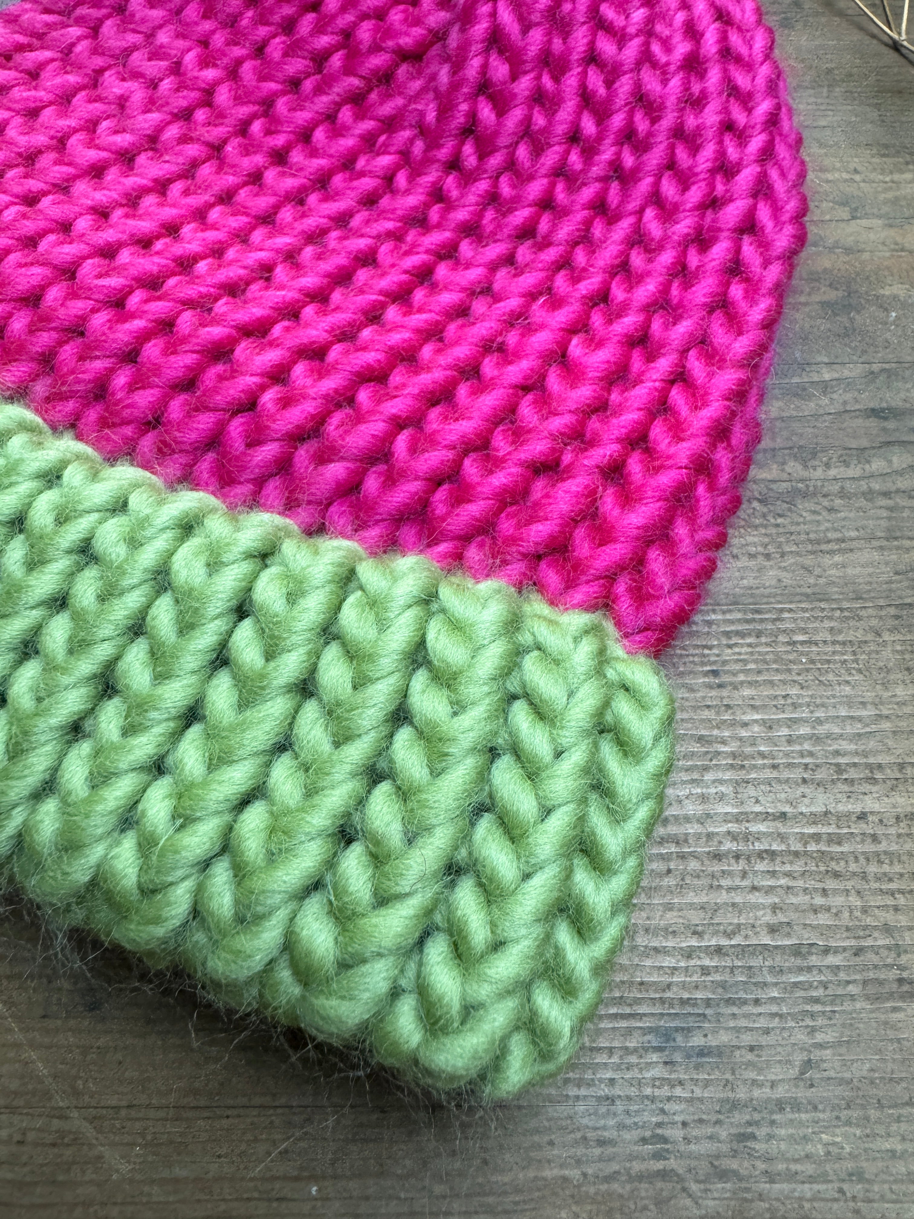 Adult Knitted Beanie Hat - Colourplay Collection - Sage and Raspberry