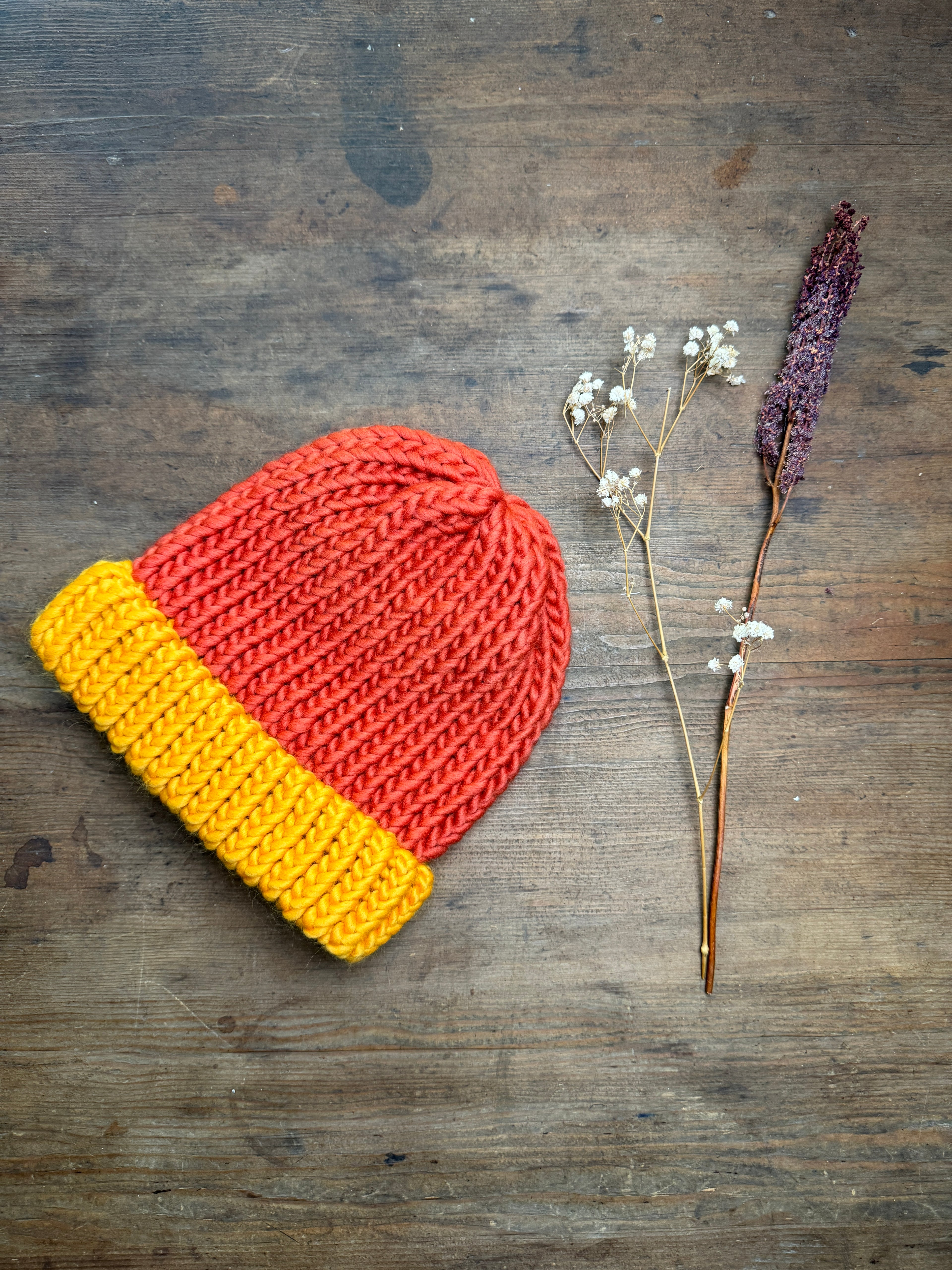 Adult knitted beanie hat - Burnt Orange and Buttercup - 100% Merino Wool