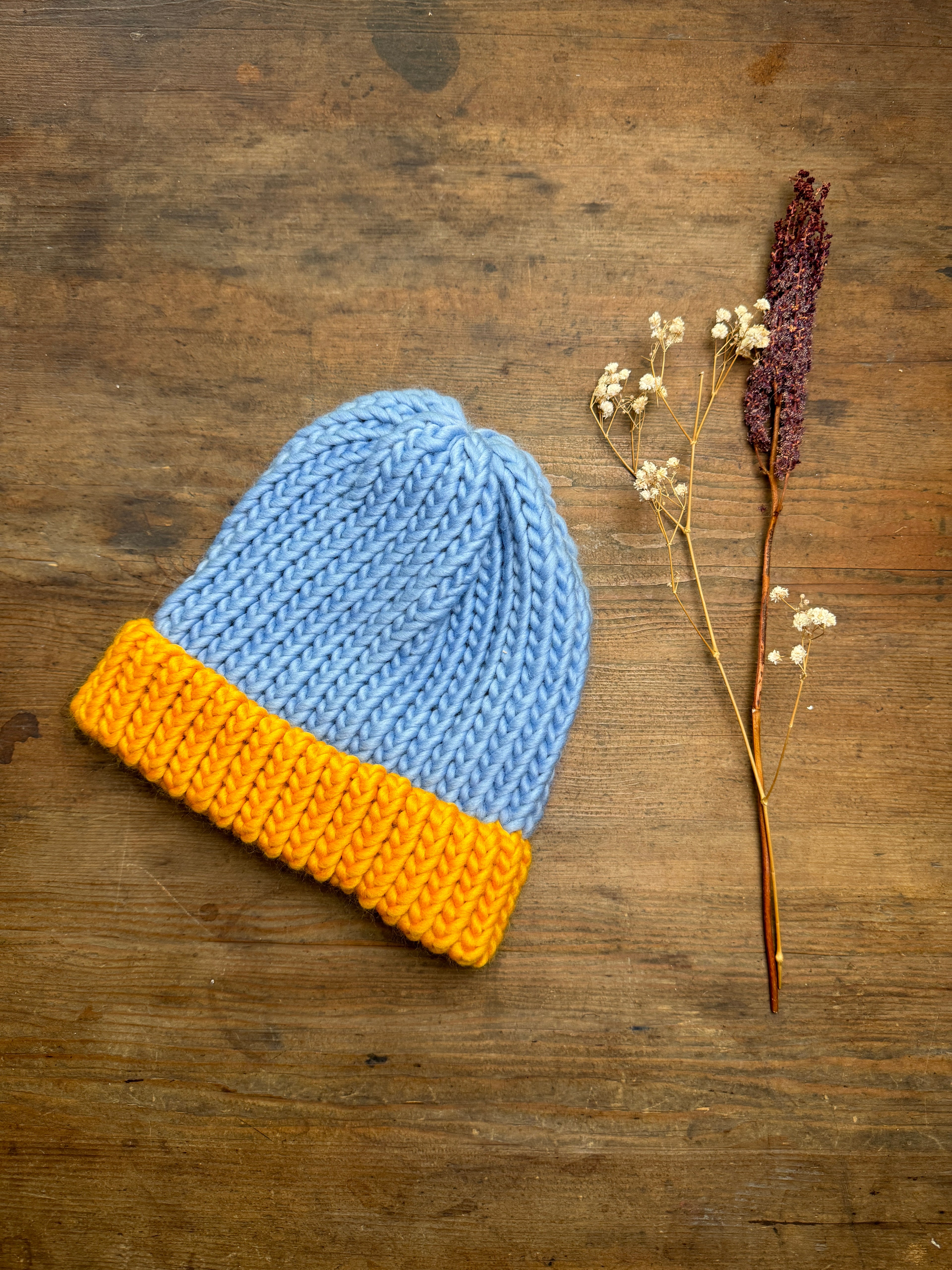 Adult Knitted Beanie Hat - Colourplay Collection - Blue and Yellow