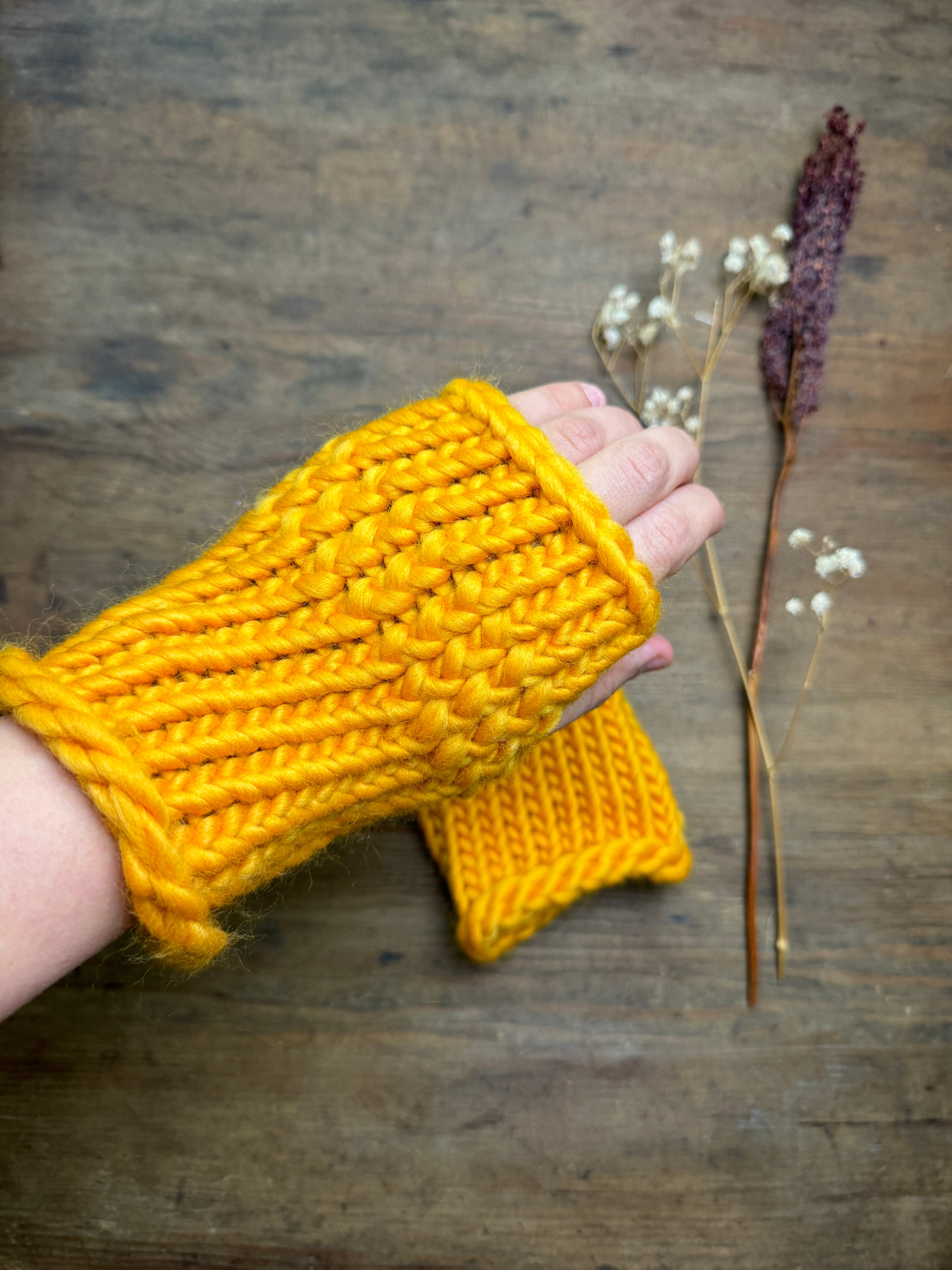 Adult Knitted Fingerless Gloves - Buttercup Yellow