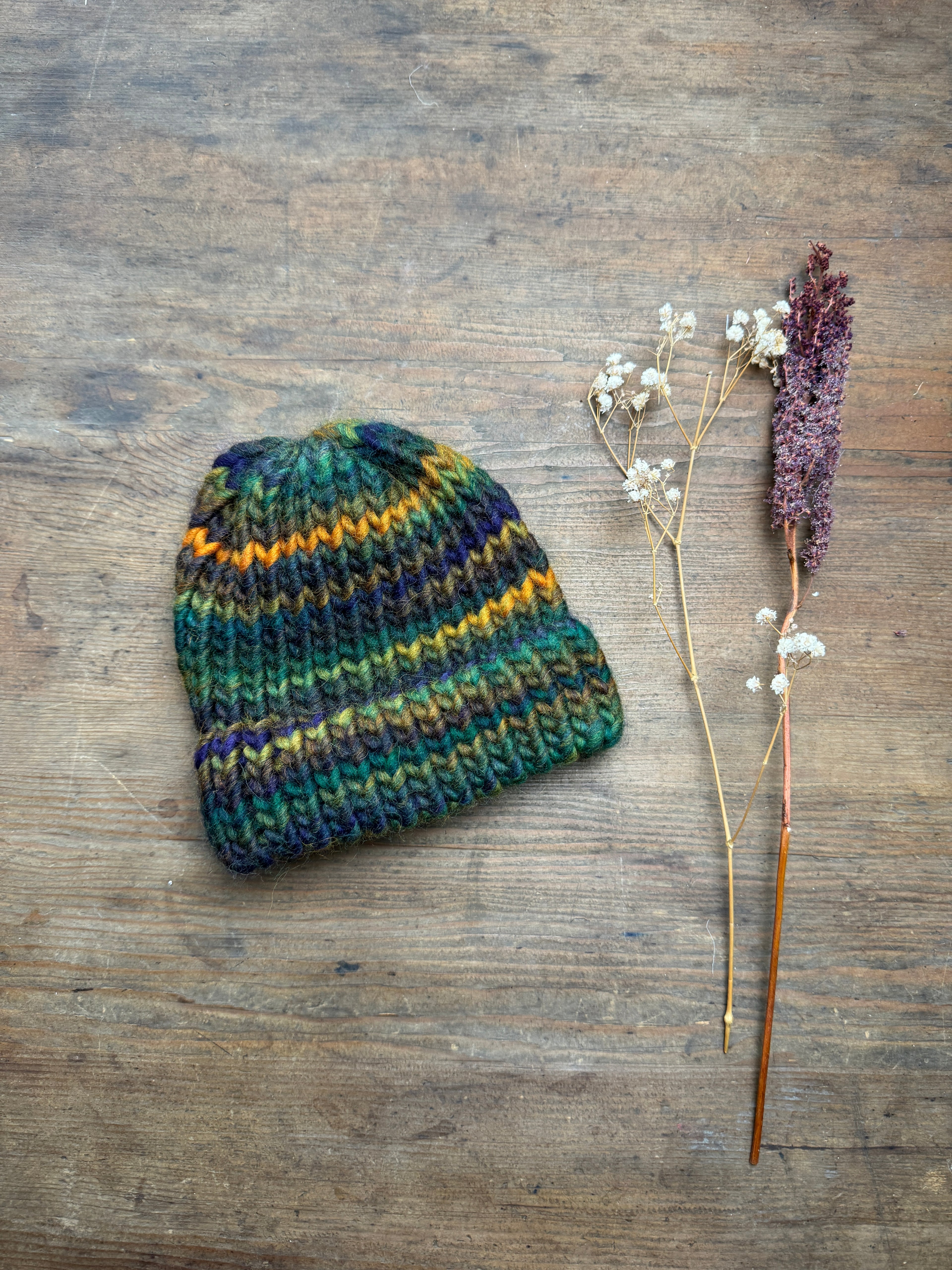 6-12 Months - Hand knitted hat in 100% Wool - Greens and Yellow