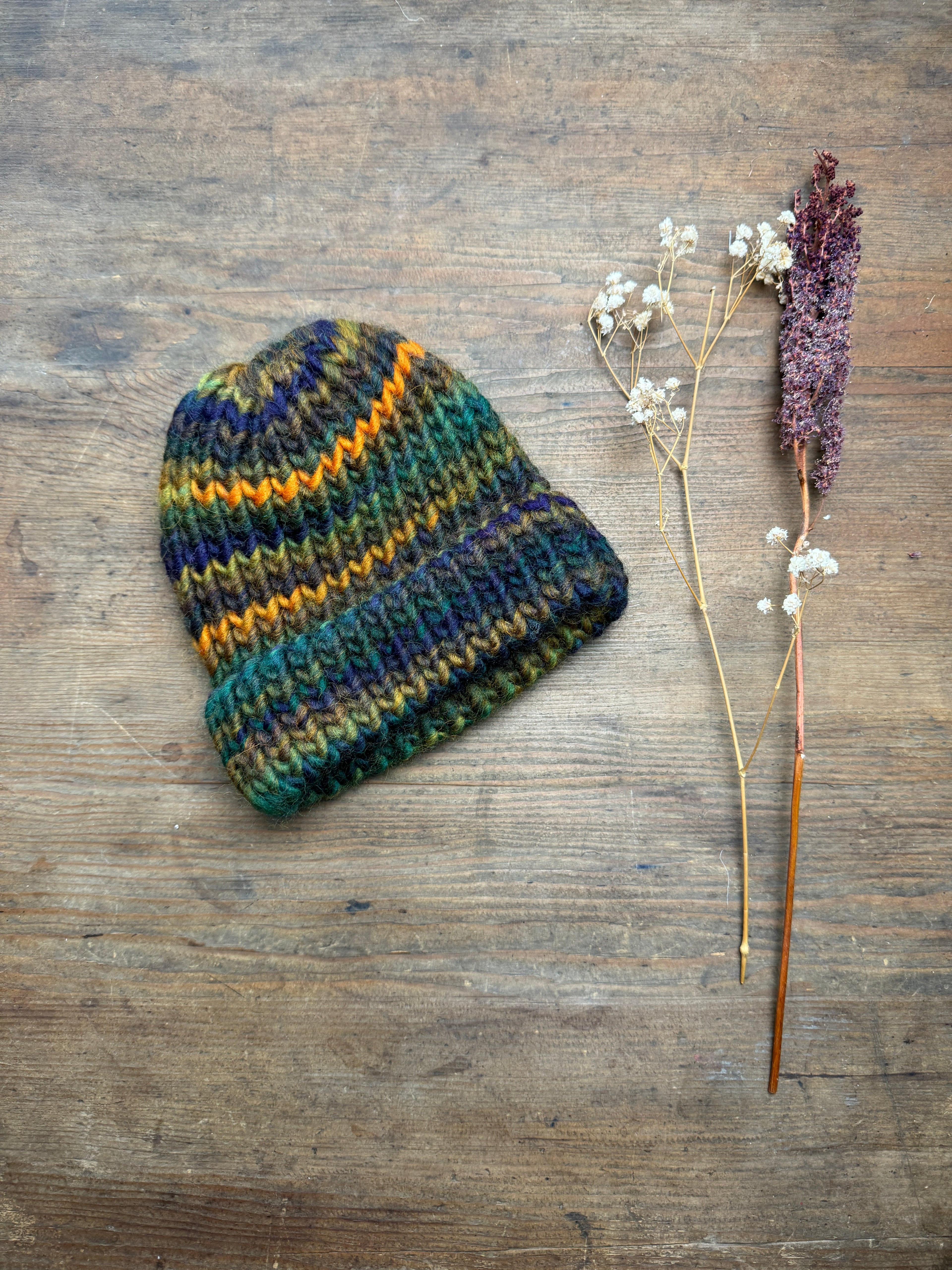 6-12 Months - Hand knitted hat in 100% Wool - Greens and Yellow