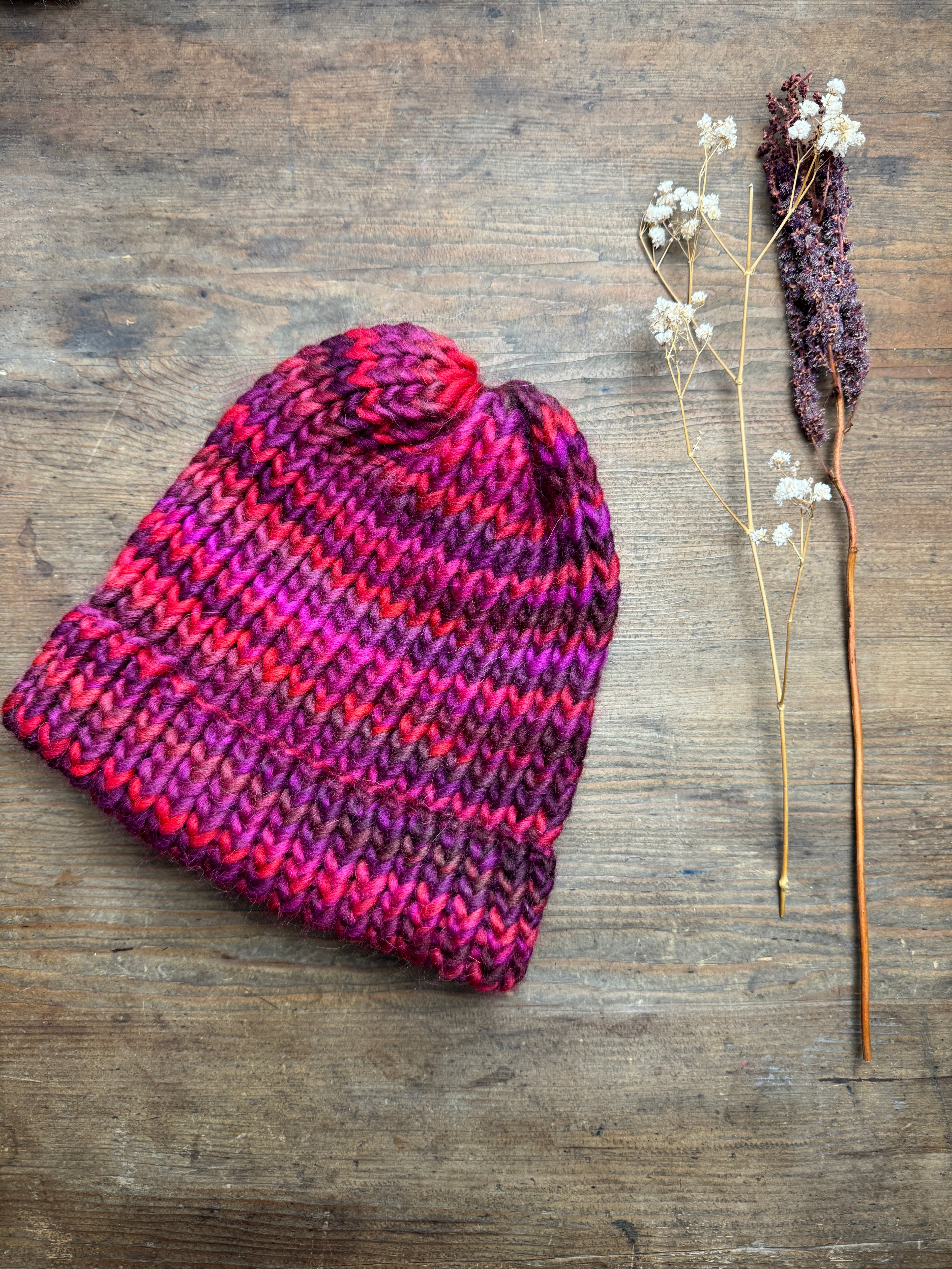 Adult Knitted Beanie Hat - Red and Purple