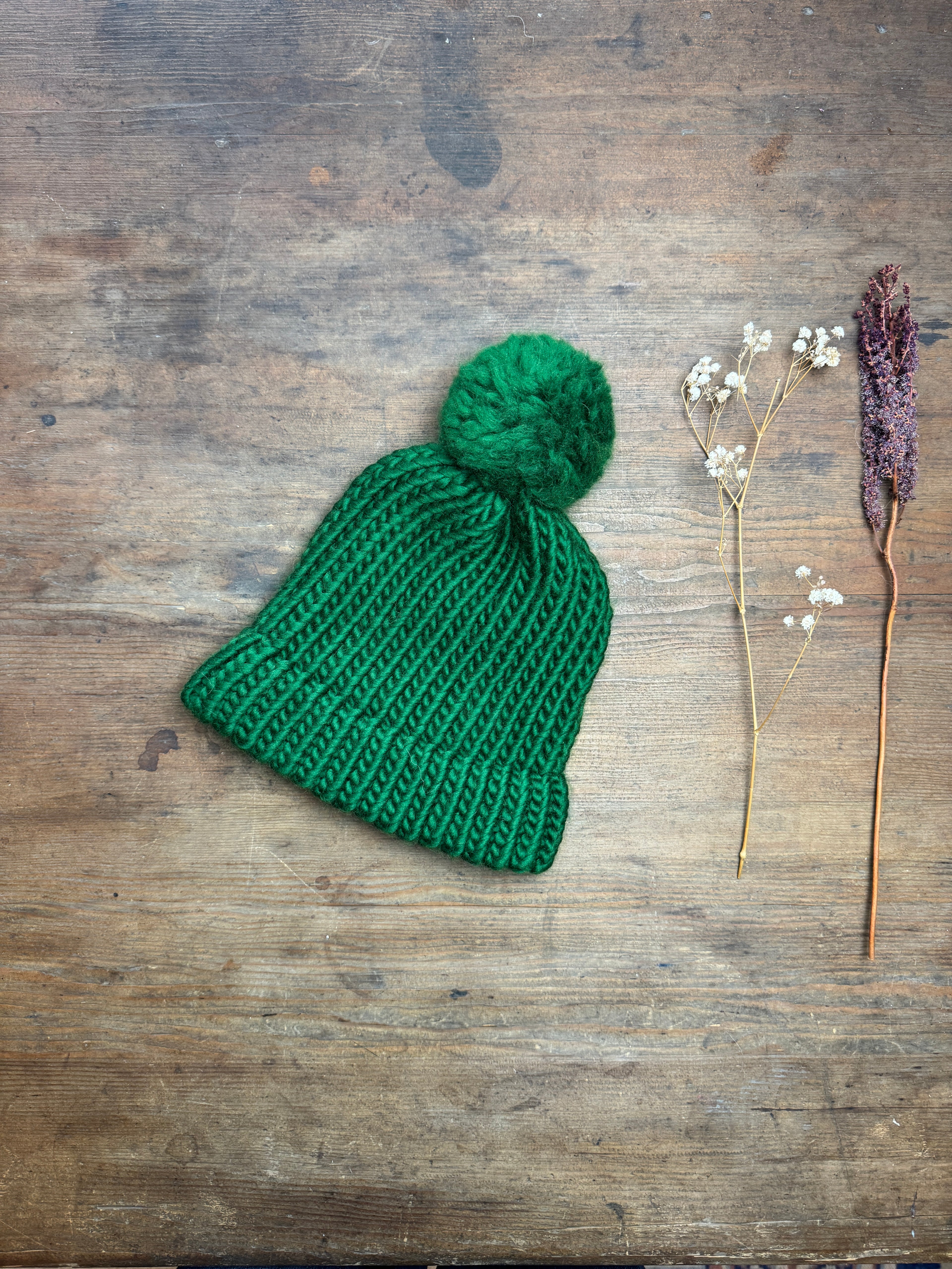 Adult knitted hat with pom pom - Pine Green - Seconds