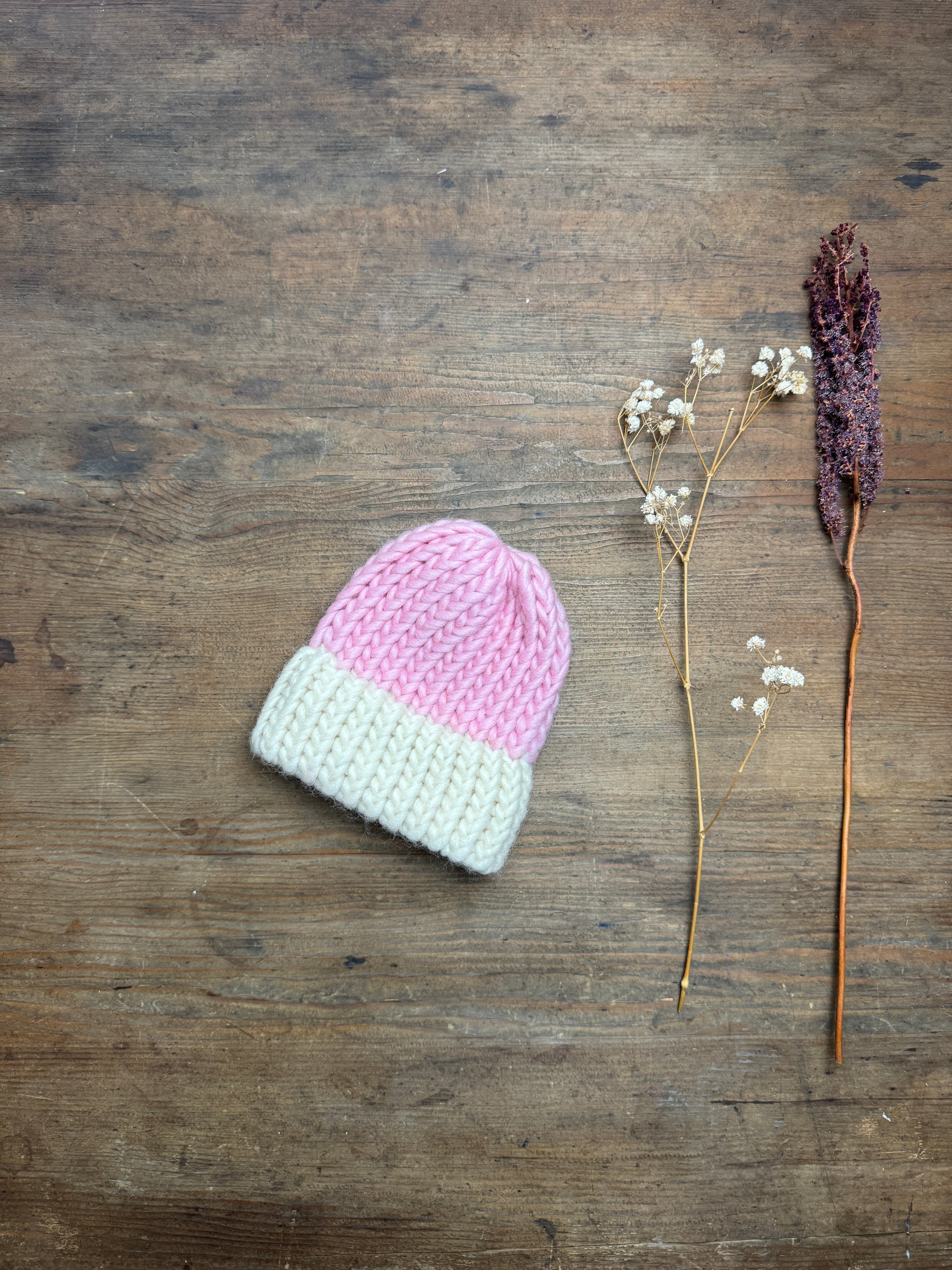 0-3 Months Newborn Knitted Hat - Pink and Cream
