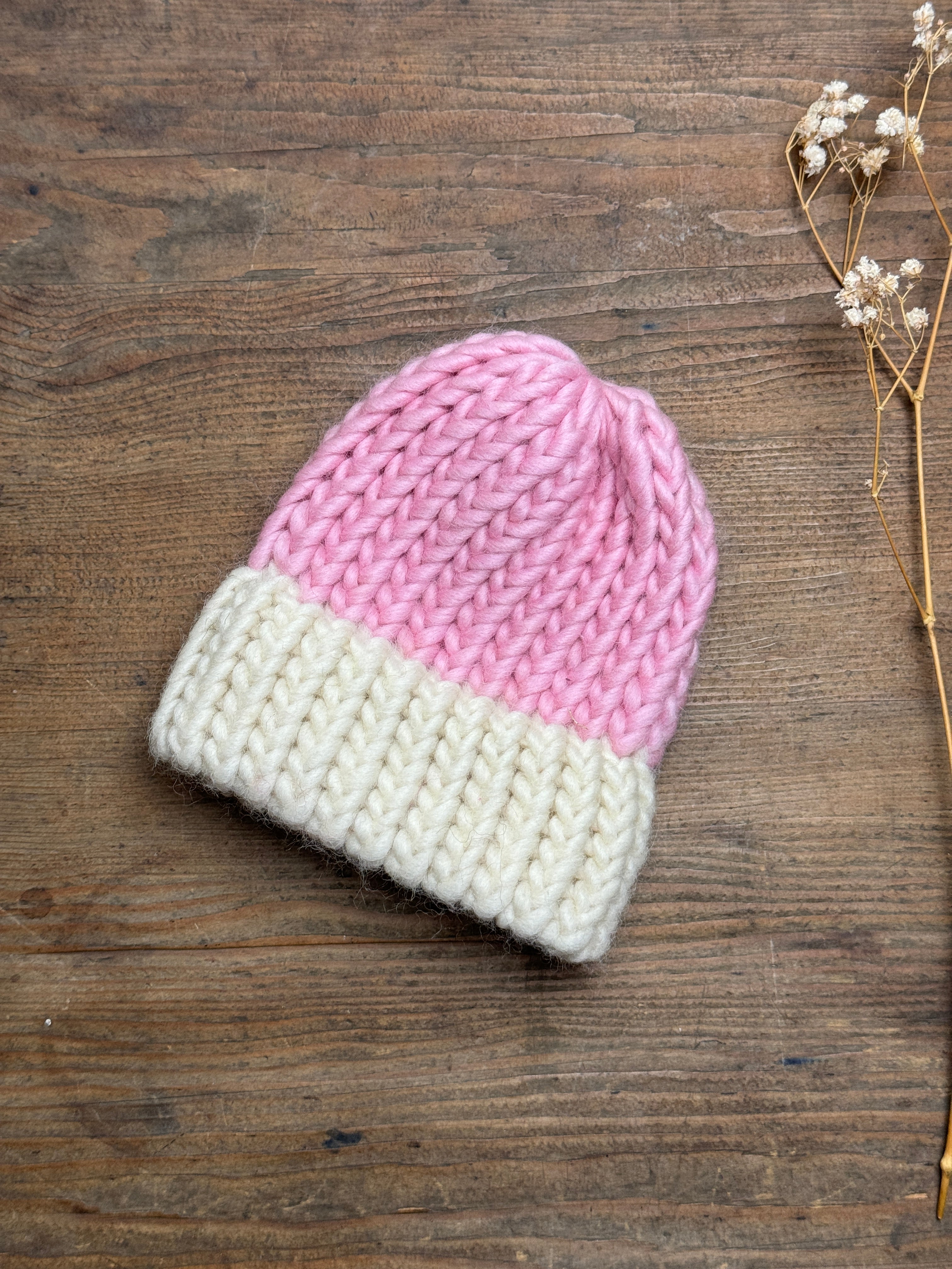 0-3 Months Newborn Knitted Hat - Pink and Cream