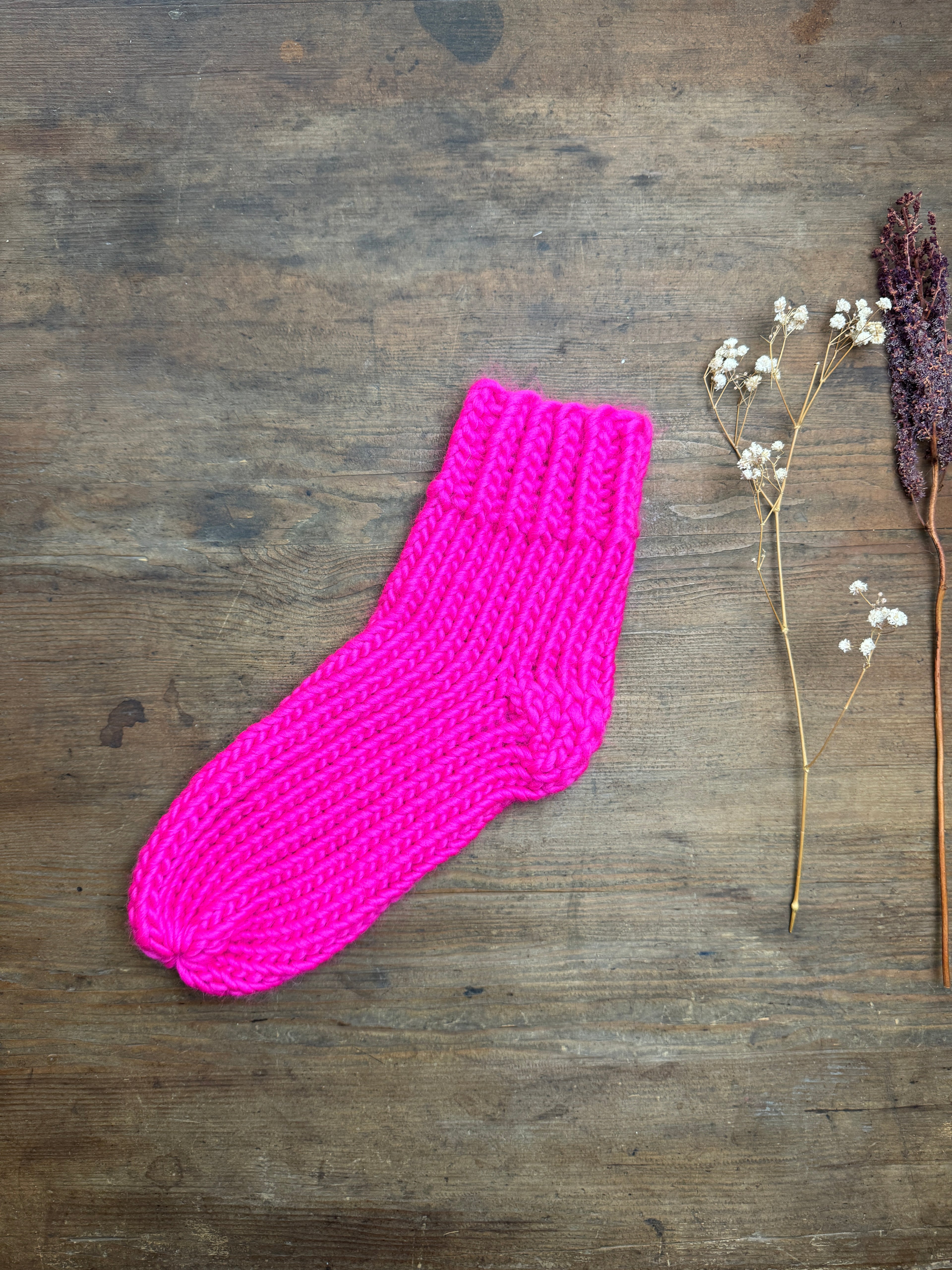 Neon Pink Knitted Bed Socks - Pair - 100% Merino Wool