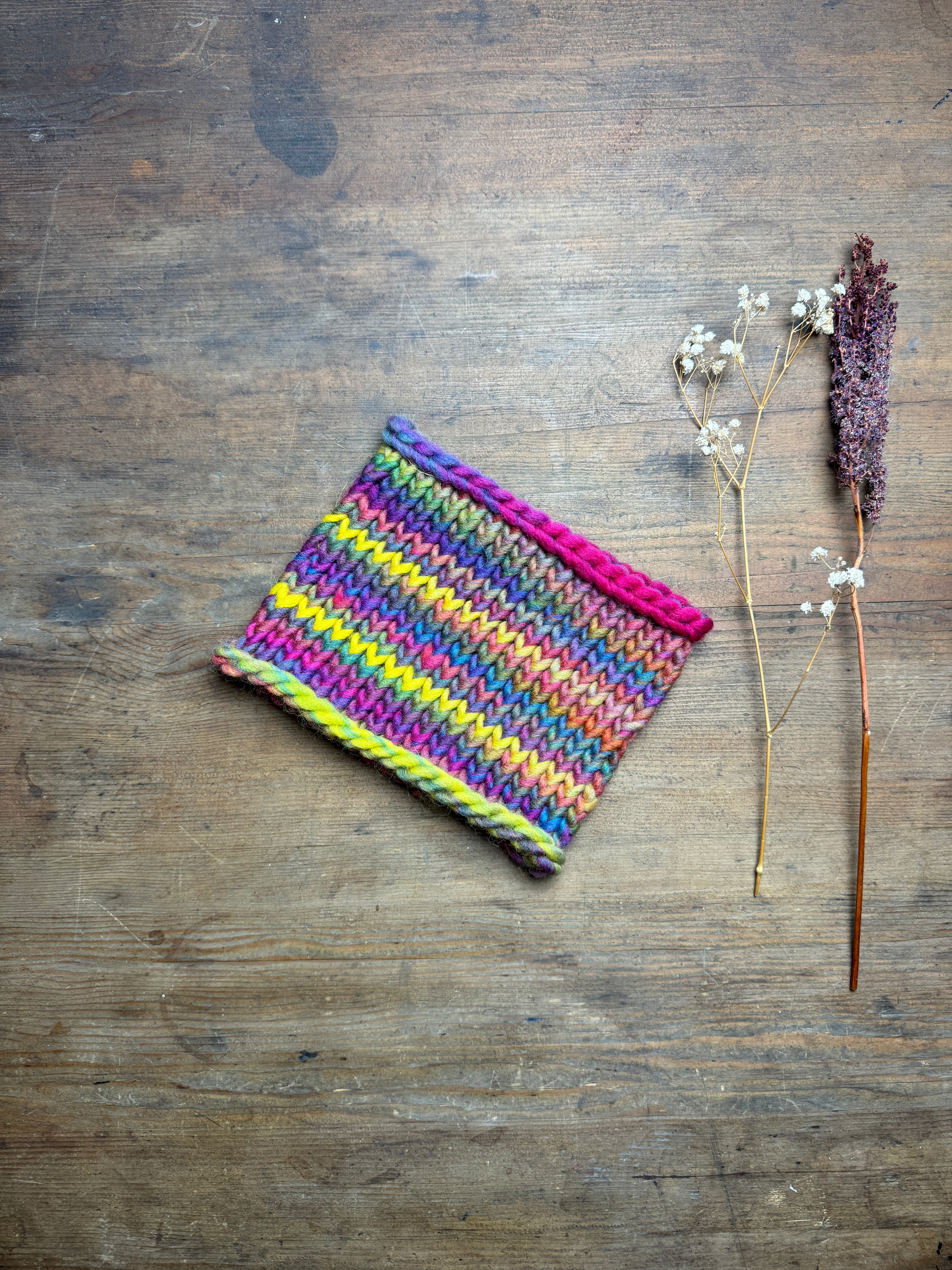 Knitted Neck Warmer Tube Scarf: Neck Gaiter  - 100% wool - Rainbow