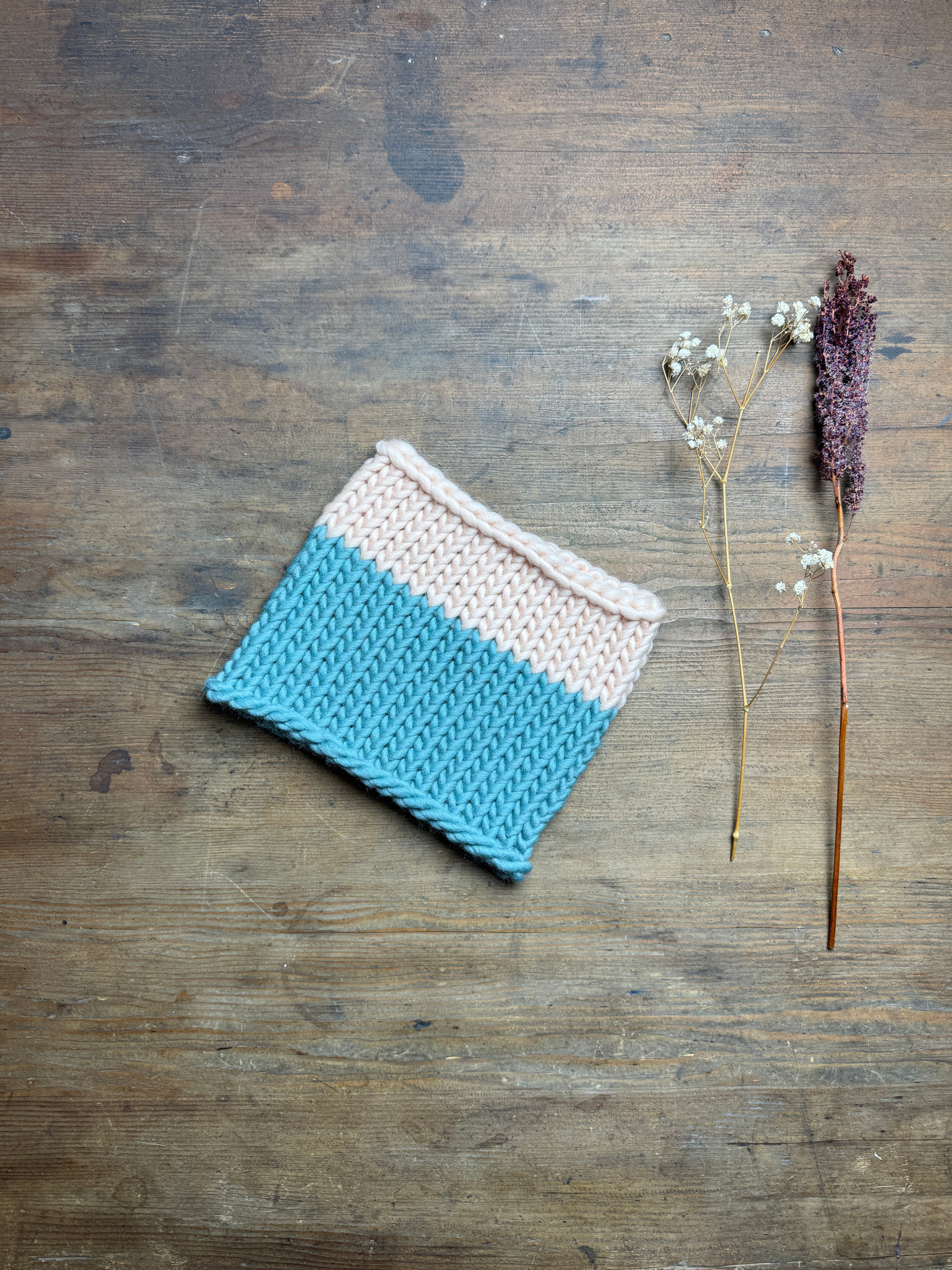 Knitted Neck Warmer Tube Scarf: Neck Gaiter  - Teal and Blush