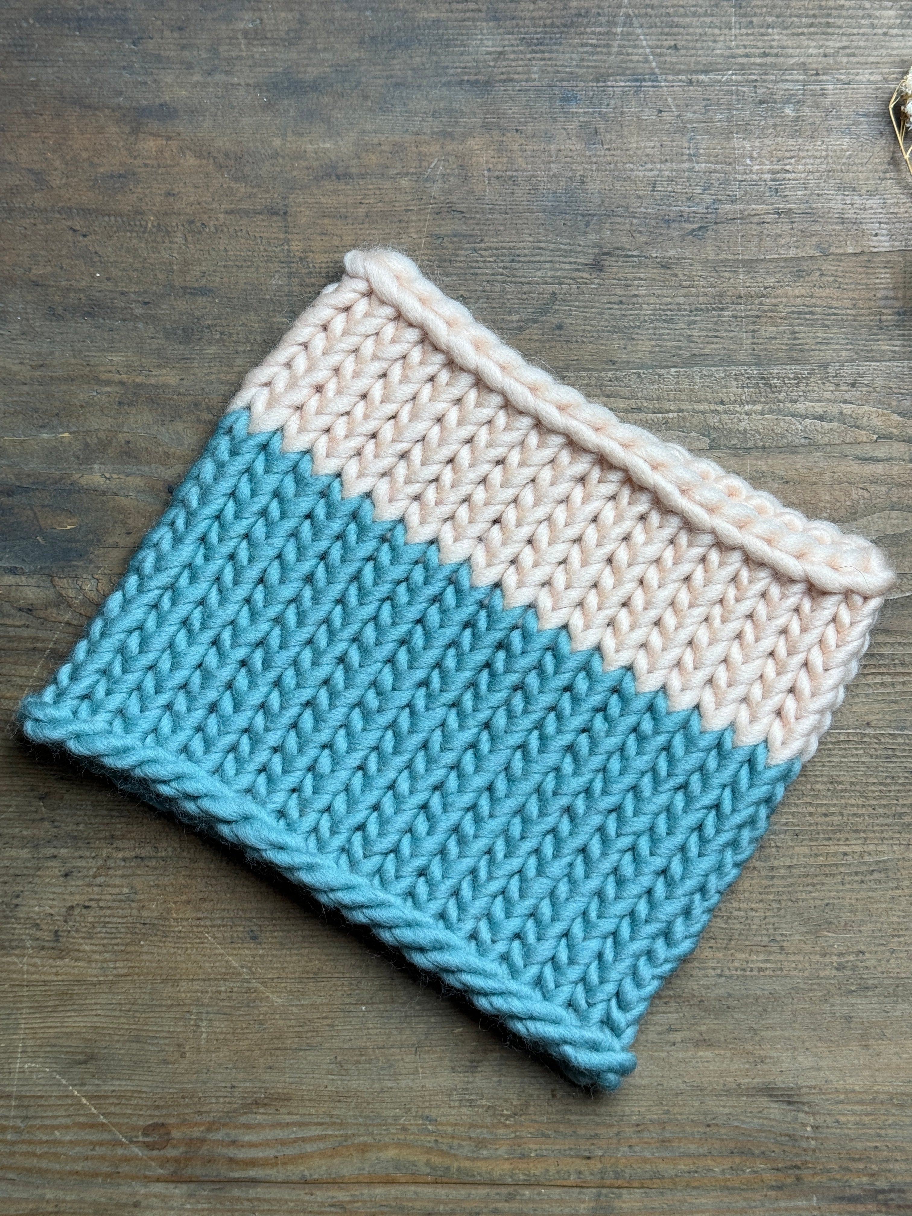 Knitted Neck Warmer Tube Scarf: Neck Gaiter  - Teal and Blush