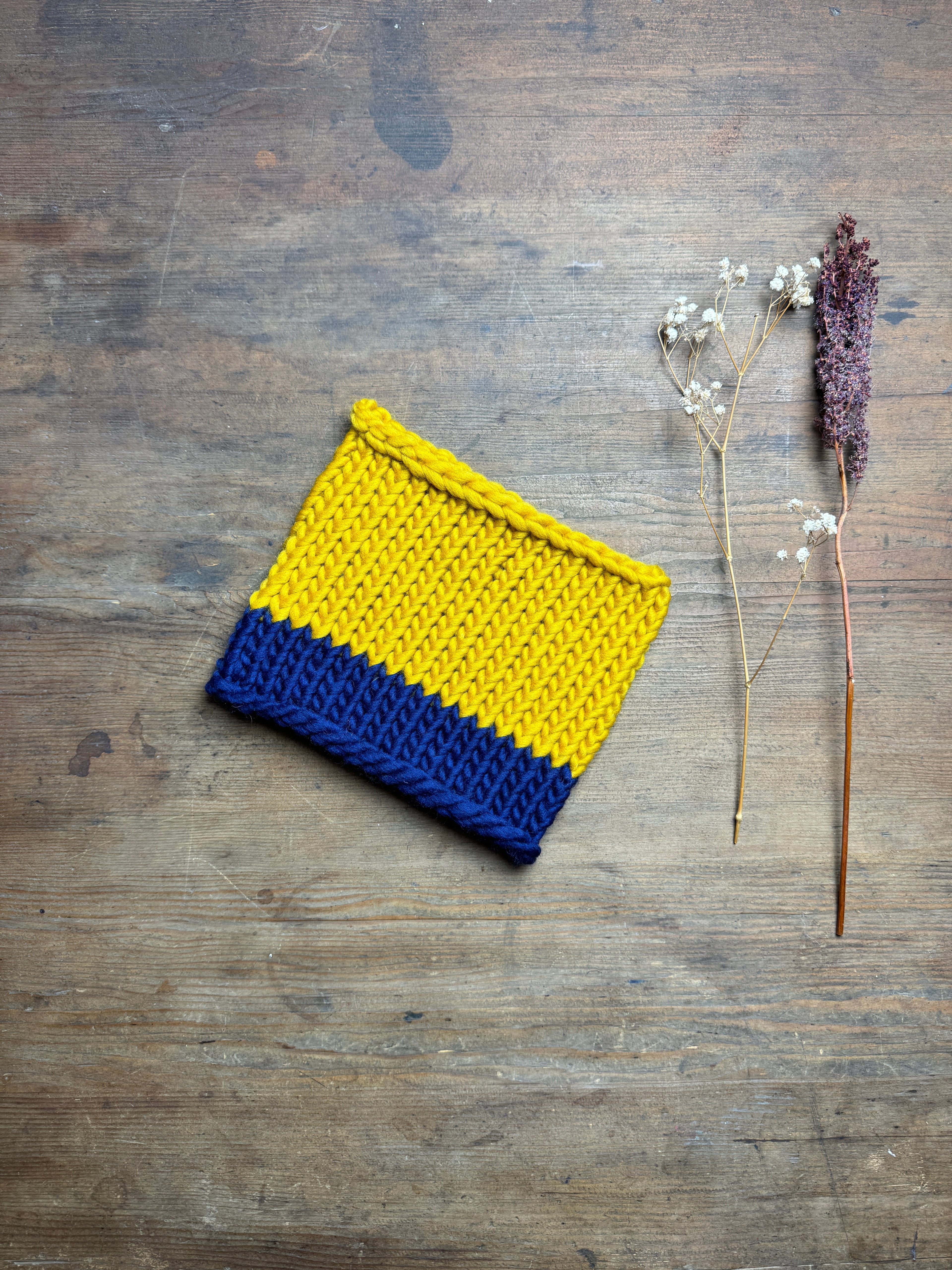 Knitted Neck Warmer Tube Scarf: Neck Gaiter  - 100% Merino - Mustard and Navy