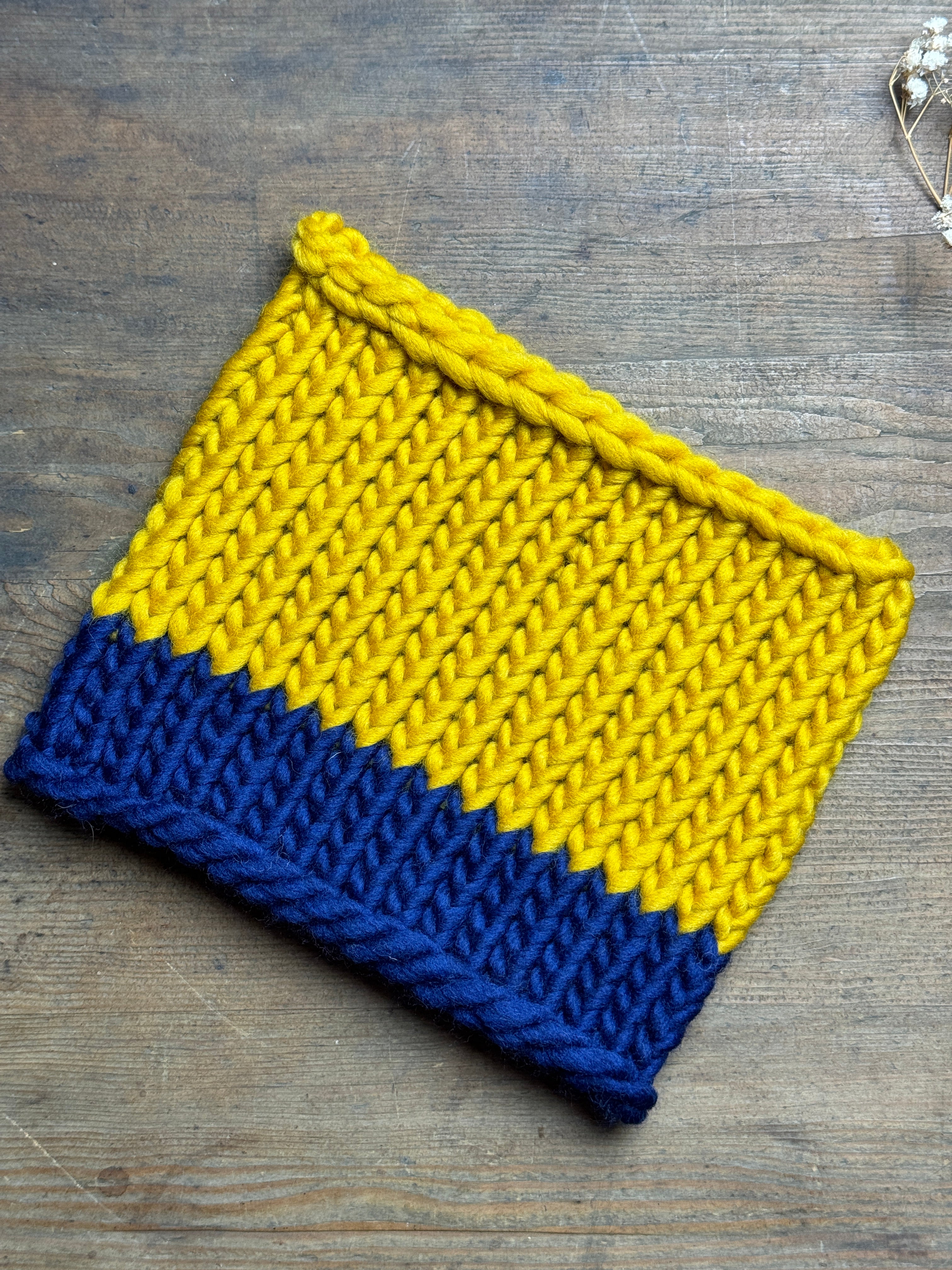 Knitted Neck Warmer Tube Scarf: Neck Gaiter  - 100% Merino - Mustard and Navy