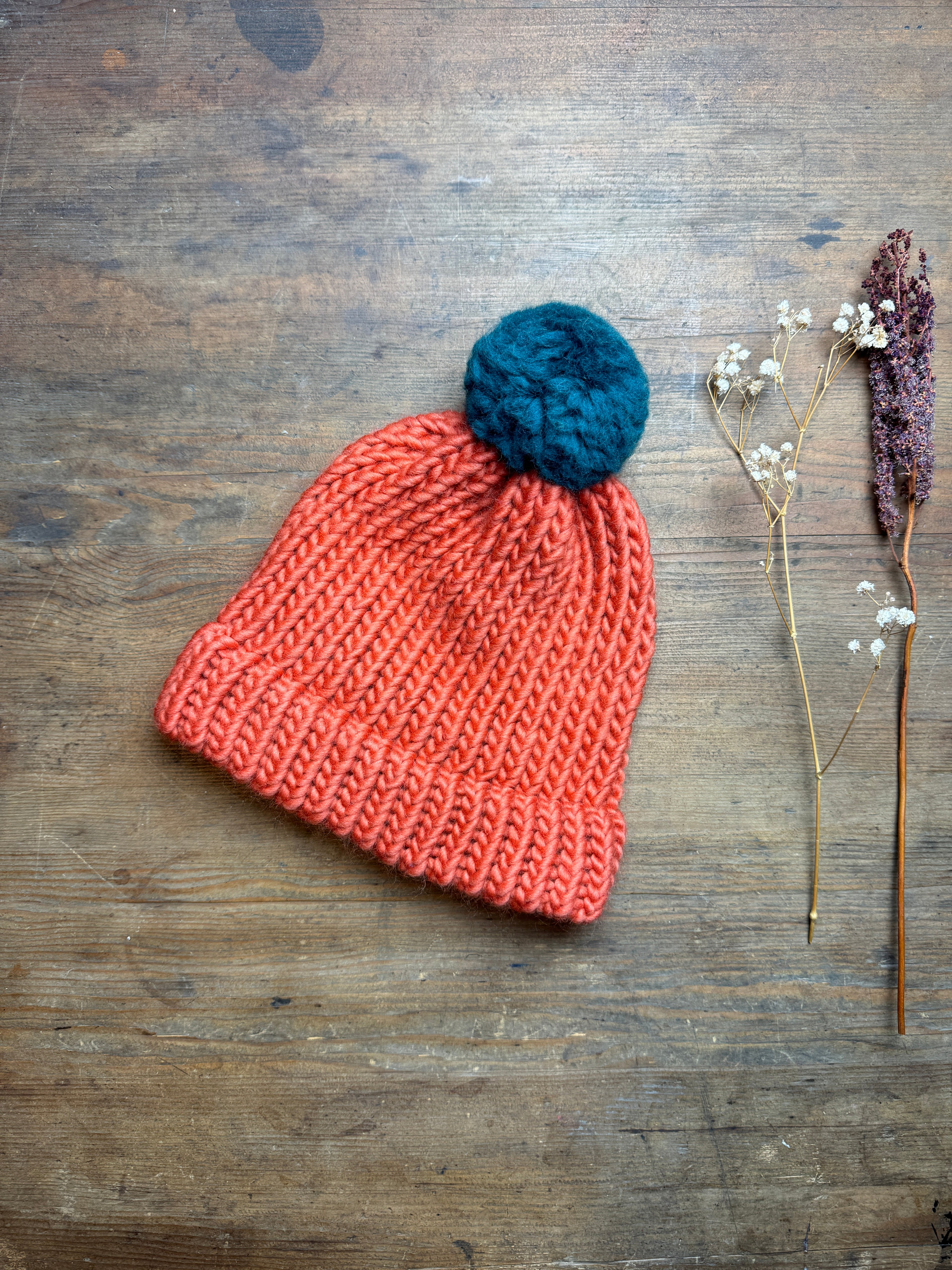 Burnt Orange and Teal Knitted Hat - Adult