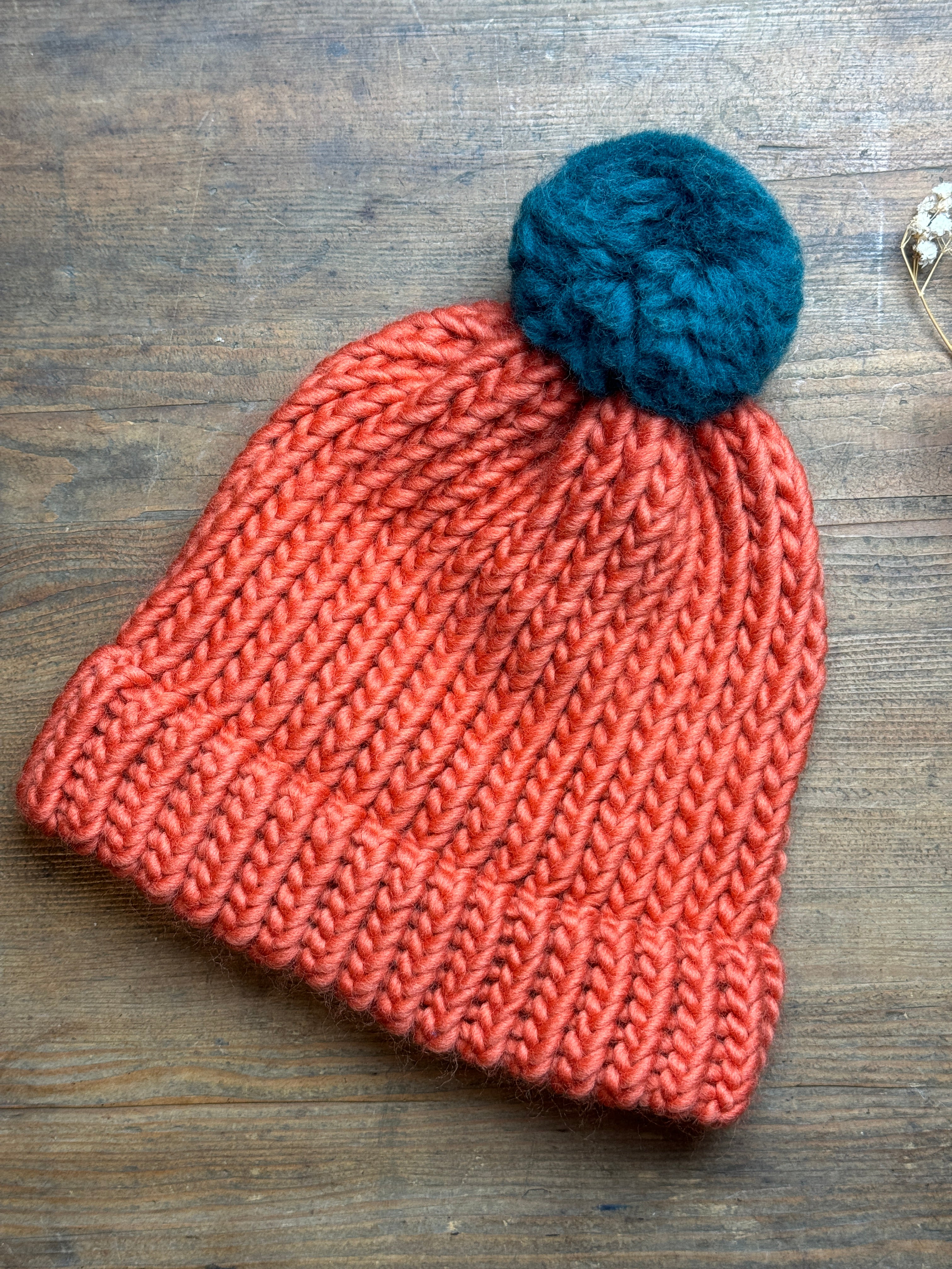 Burnt Orange and Teal Knitted Hat - Adult