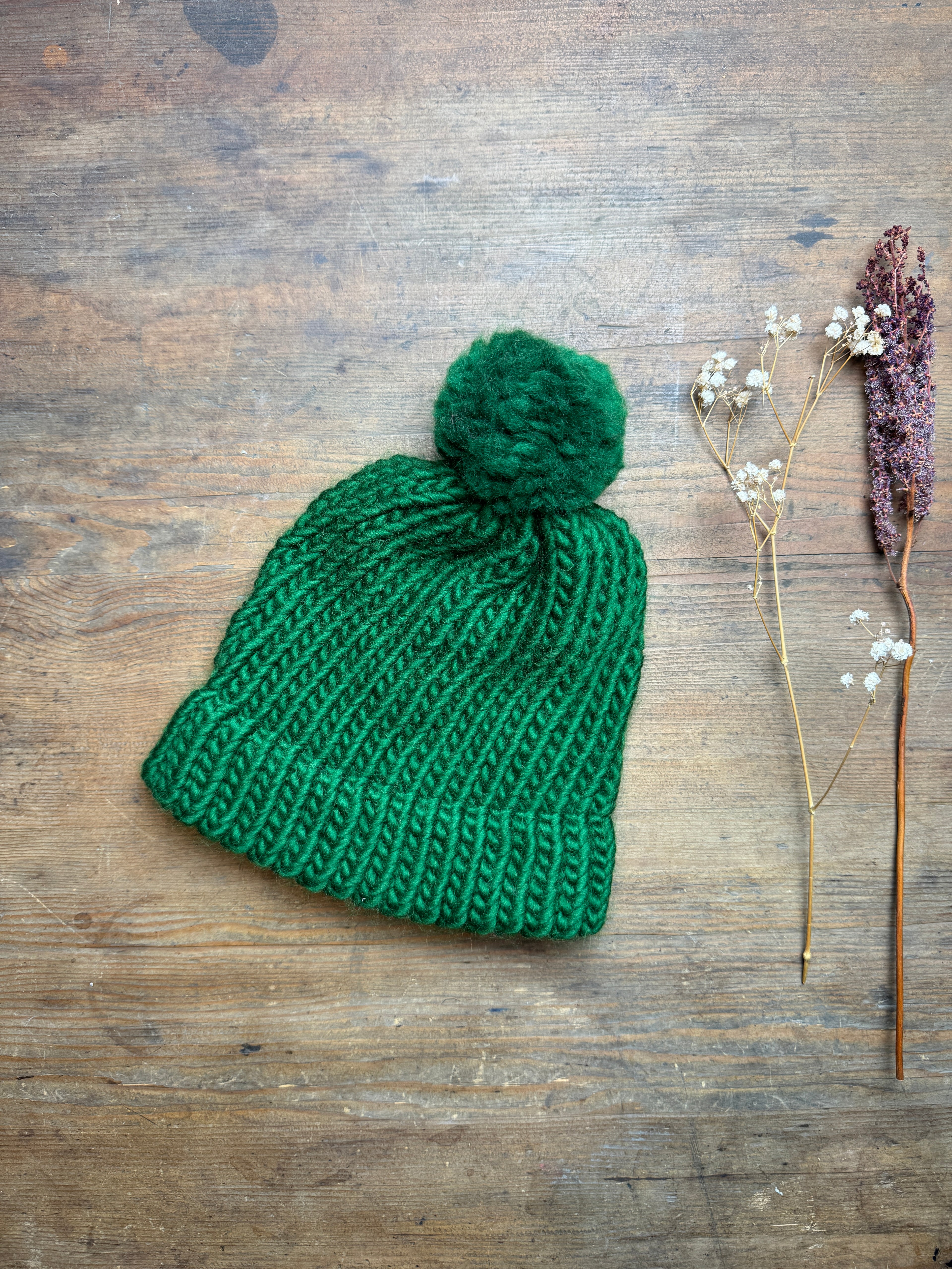 Pine Green Knitted Hat with a pom pom - Adult