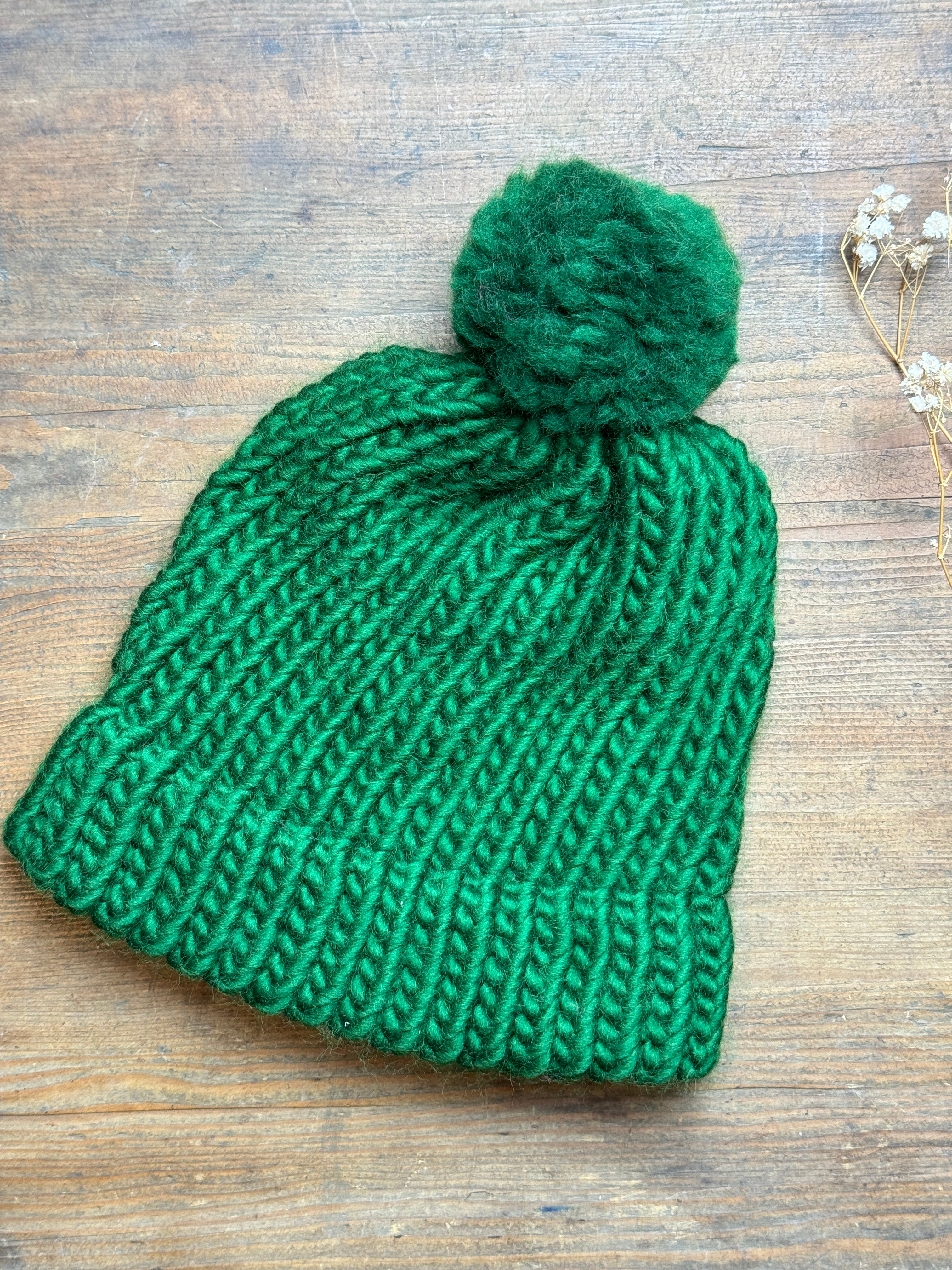 Pine Green Knitted Hat with a pom pom - Adult