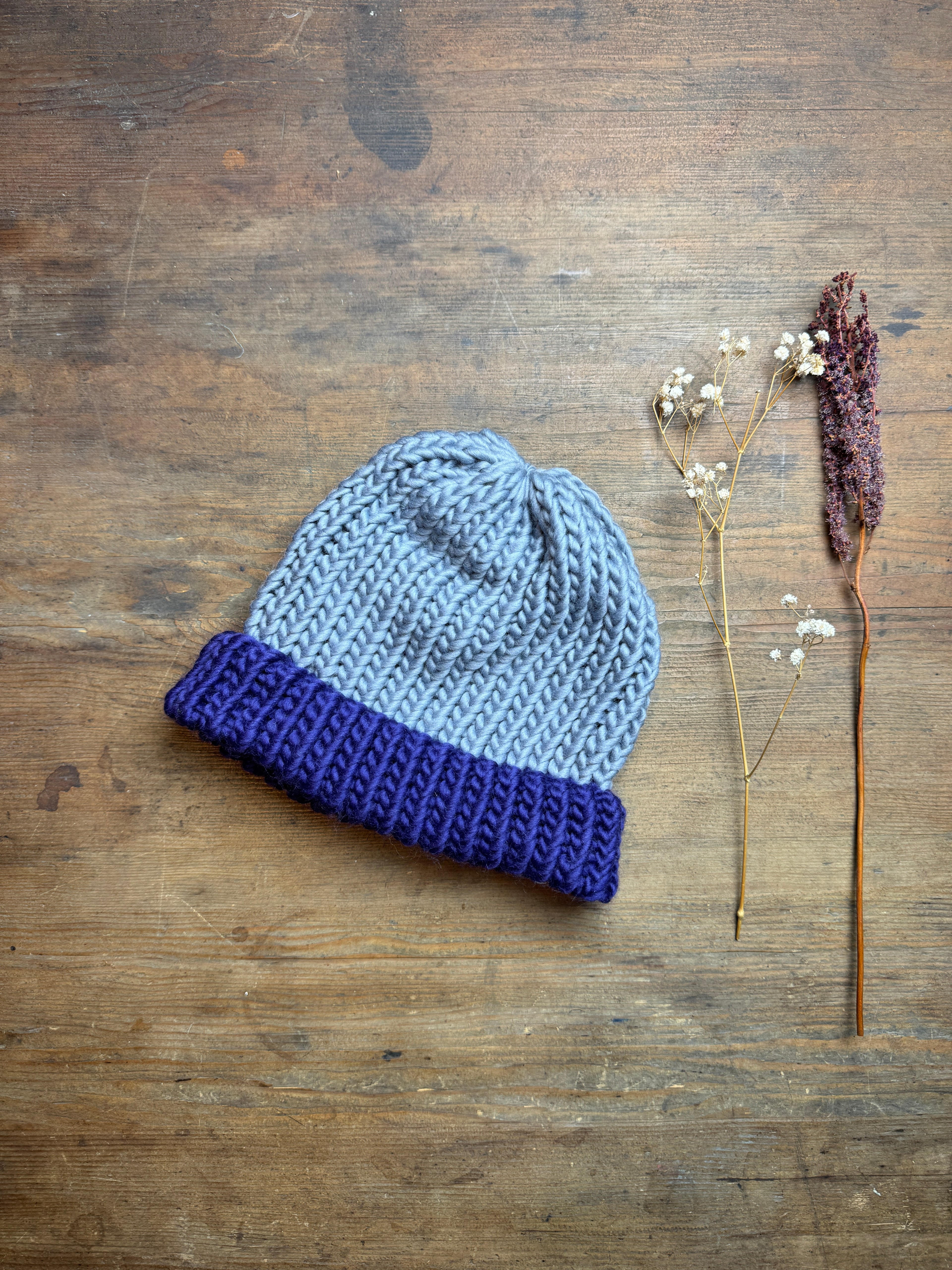 Adult Knitted Beanie Hat - Colourplay Collection - Purple and Grey