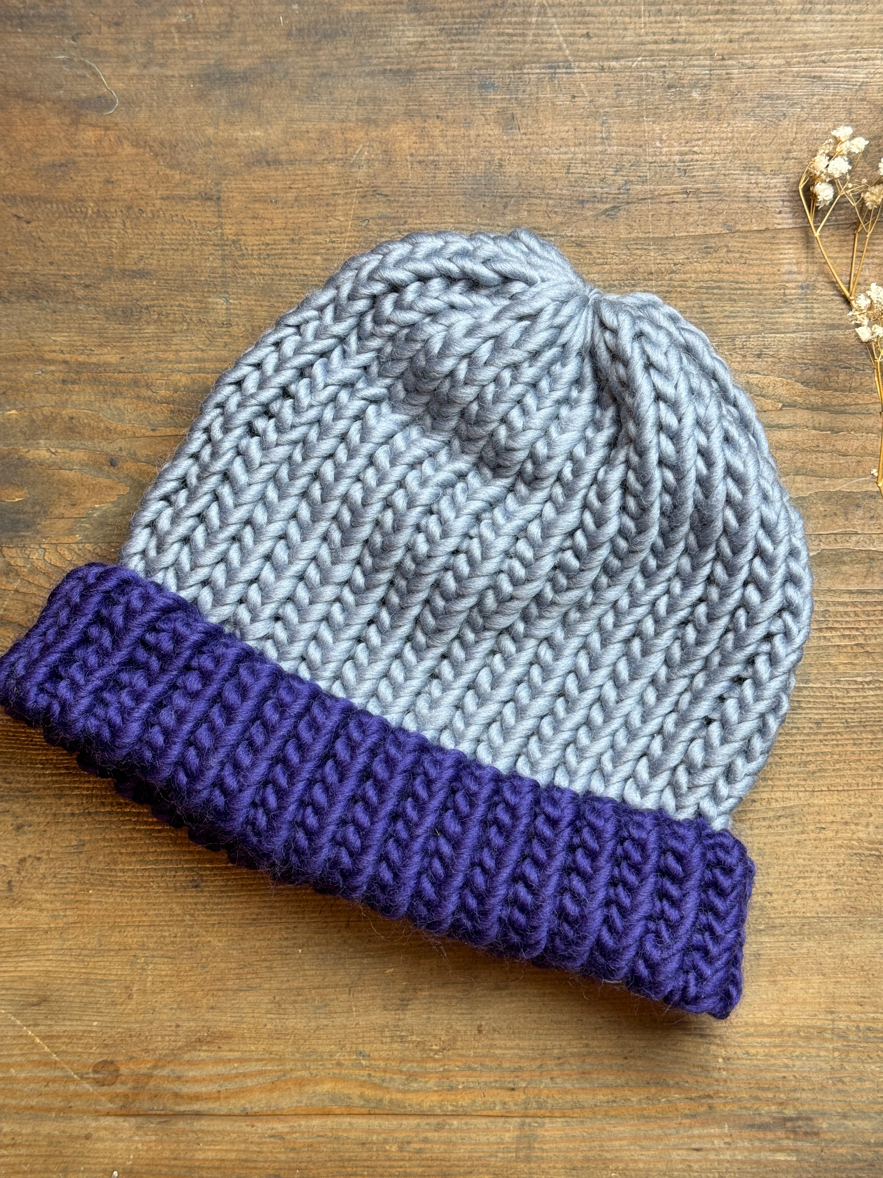 Adult Knitted Beanie Hat - Colourplay Collection - Purple and Grey