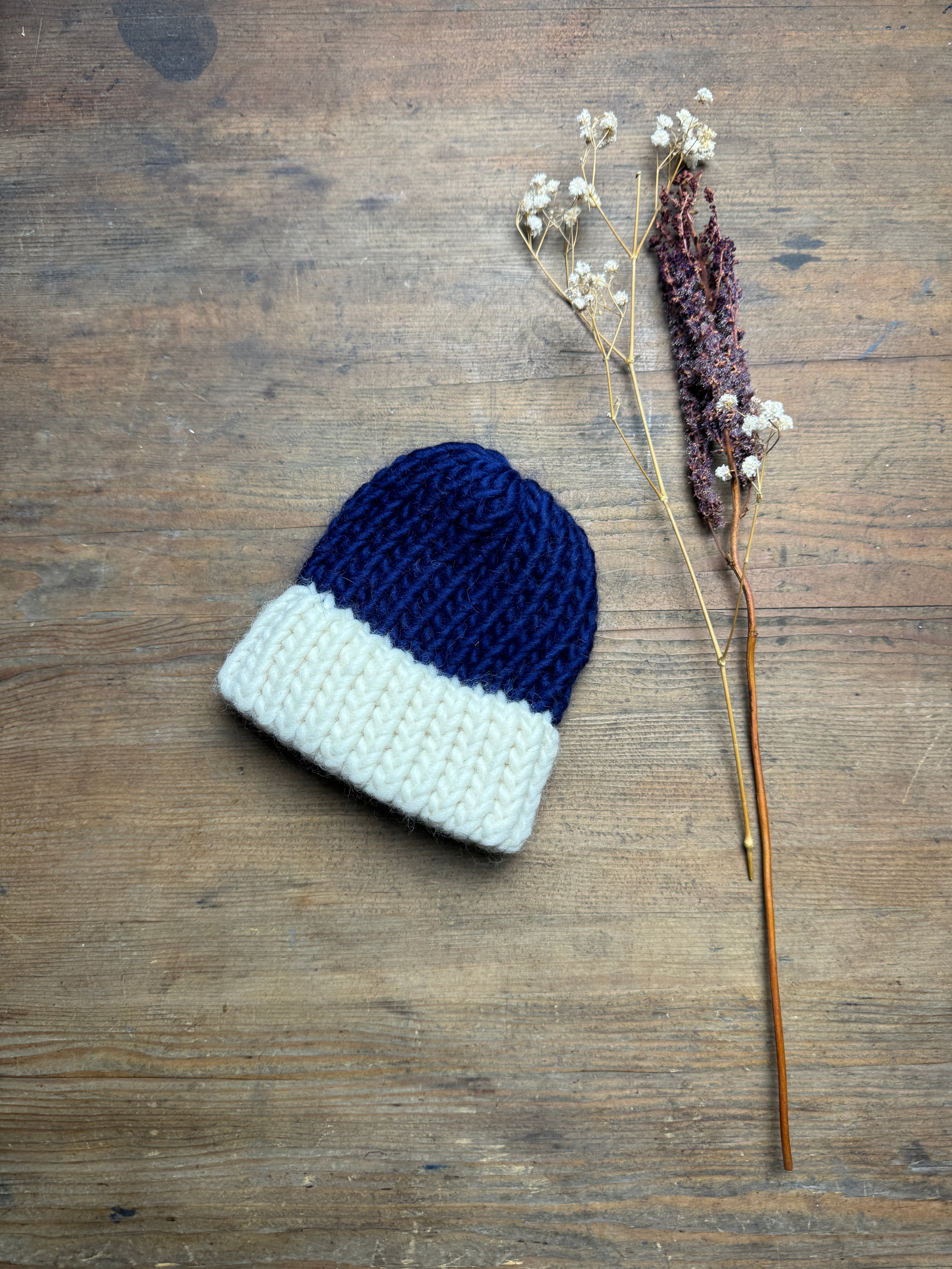 Blue and White Knitted Newborn Hat
