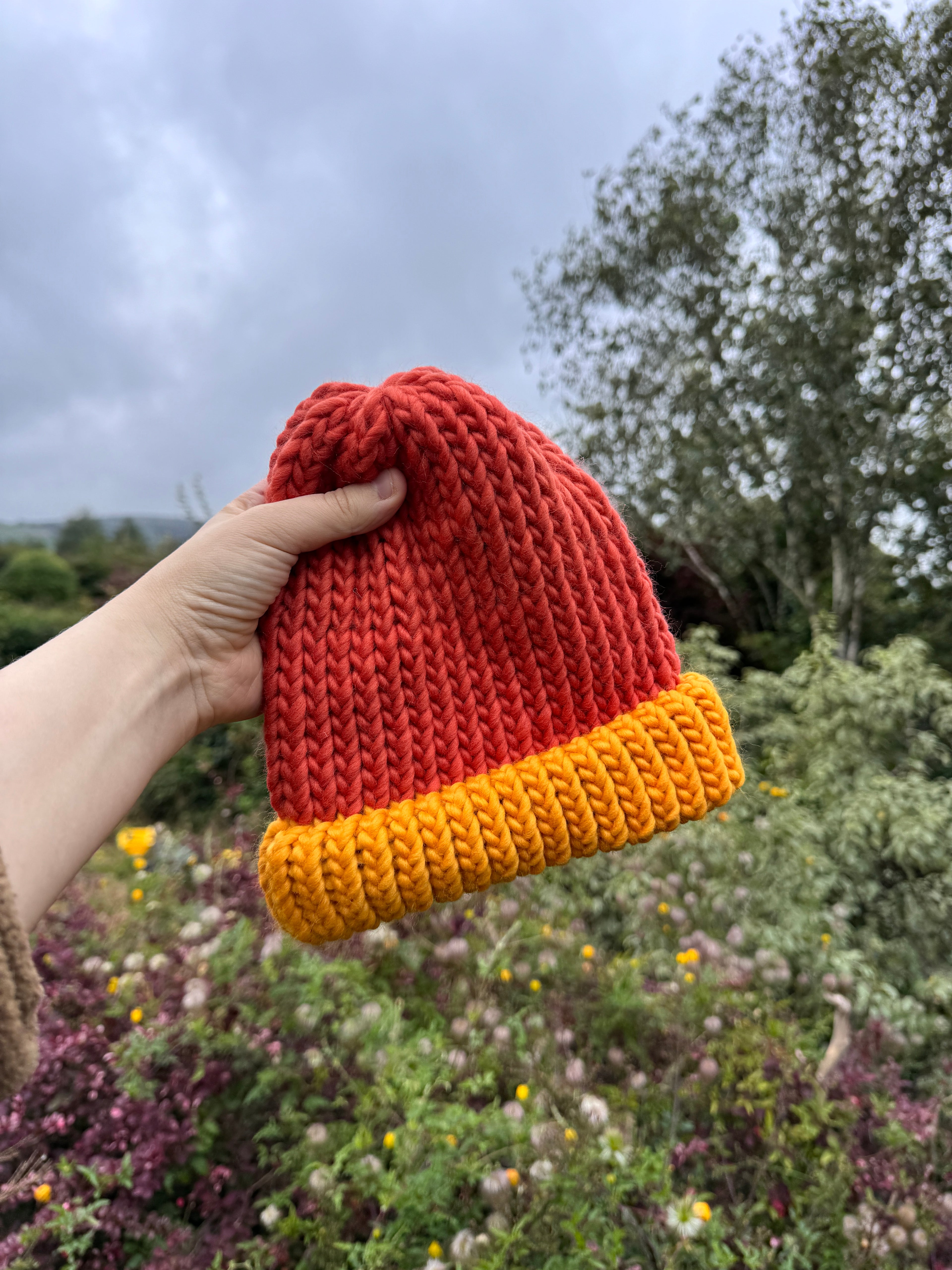 Adult knitted beanie hat - Burnt Orange and Buttercup - 100% Merino Wool