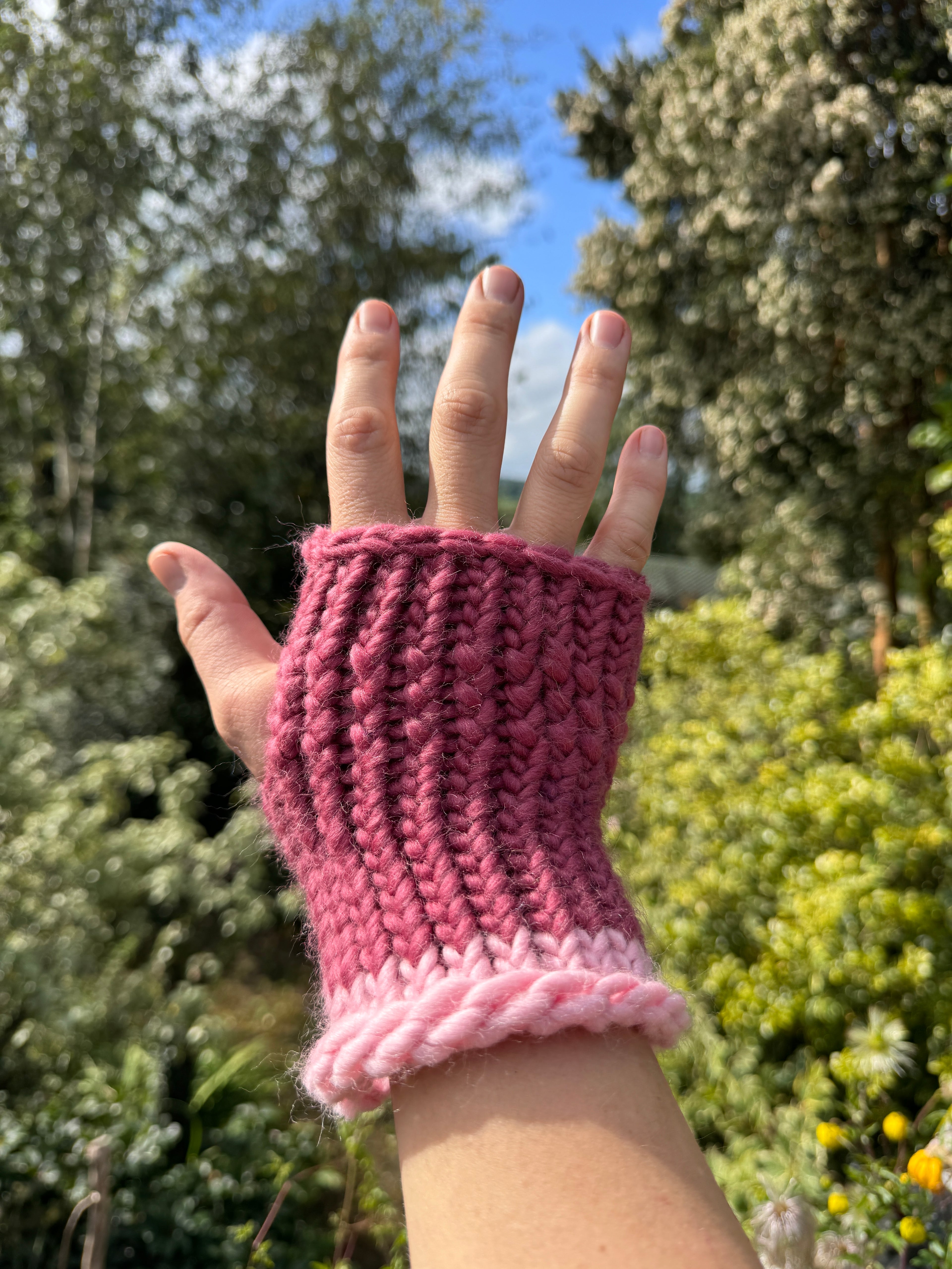 Adult - Fingerless Knitted Gloves - Mulberry and Pastel Pink