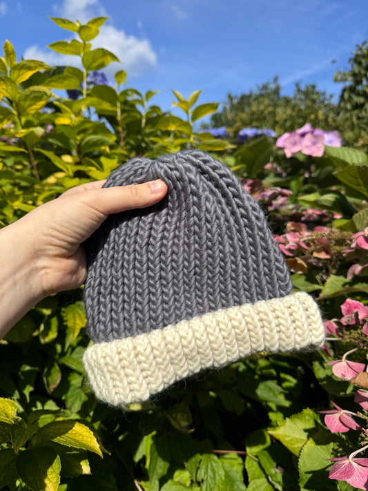 Snug Fit - Hand Knitted Wool Hat - Child or Snug Fit XS Adult - Grey and Cream