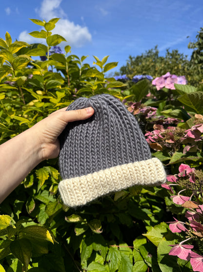 Snug Fit - Hand Knitted Wool Hat - Child or Snug Fit XS Adult - Grey and Cream