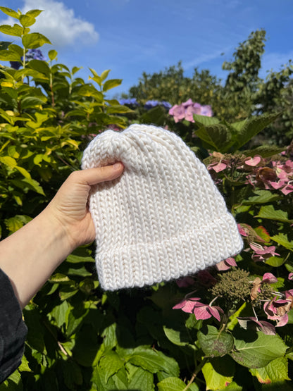 Snug Fit - Hand Knitted Wool Hat - Child or Snug Fit XS Adult - White