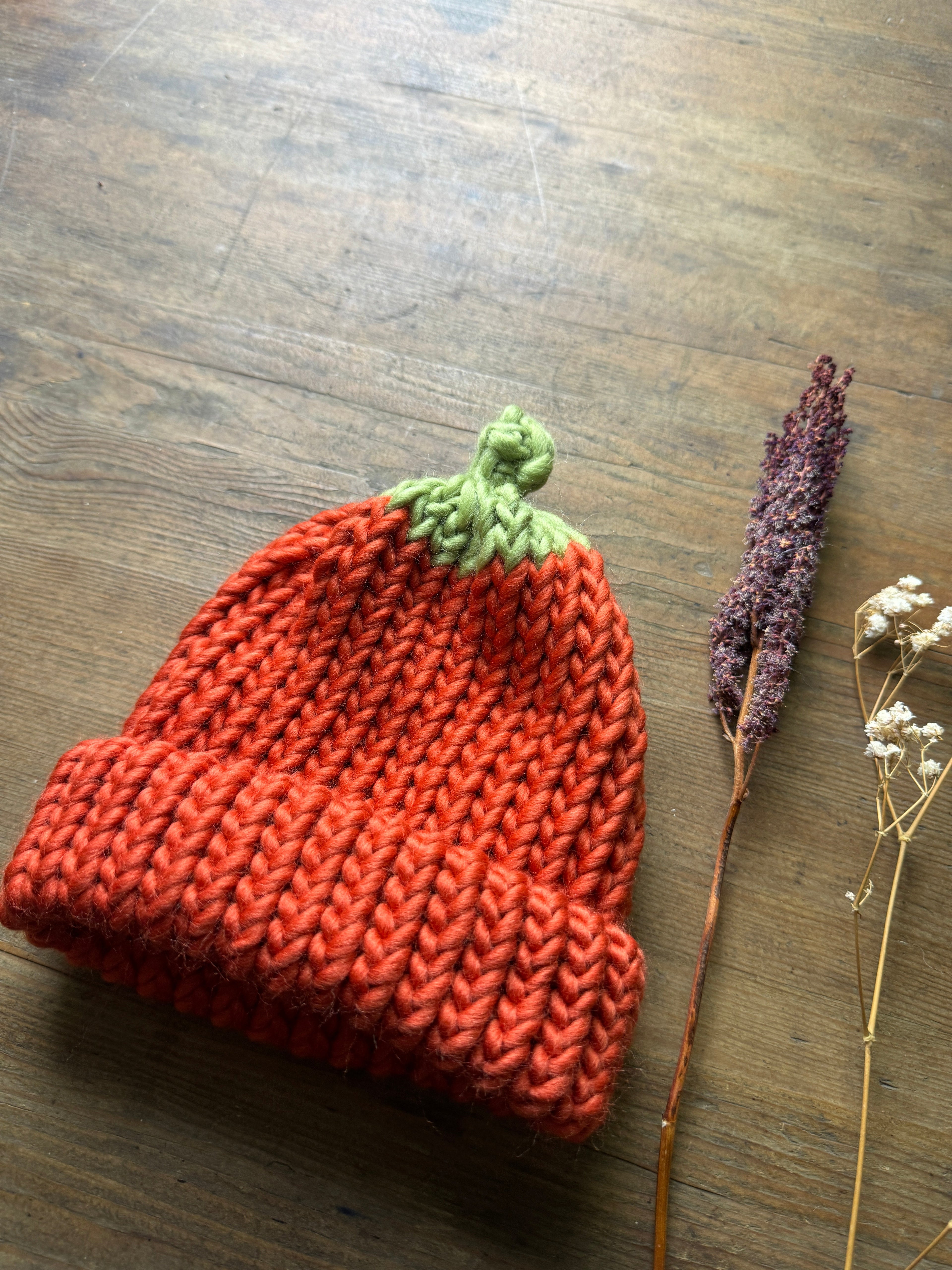 Hand knitted pumpkin hat